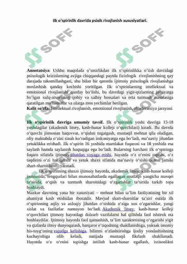 Ilk o‘spirinlik davrida psixik rivojlanish xususiyatlari.