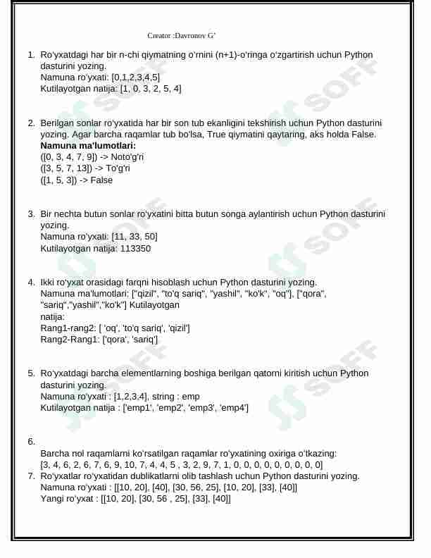 Python dasturlash tilida  List if str  mavzularida masalalar