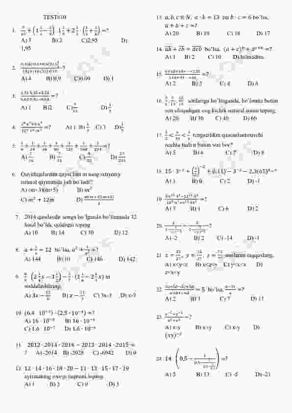 Matematika fanidan testlar 10