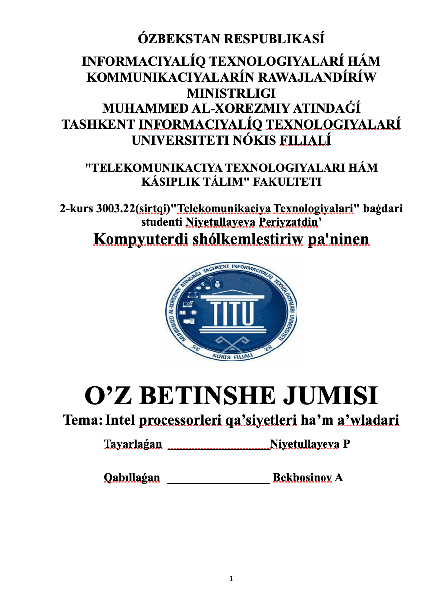 Intel processorleri qa'siyetleri ha'm a'wladari