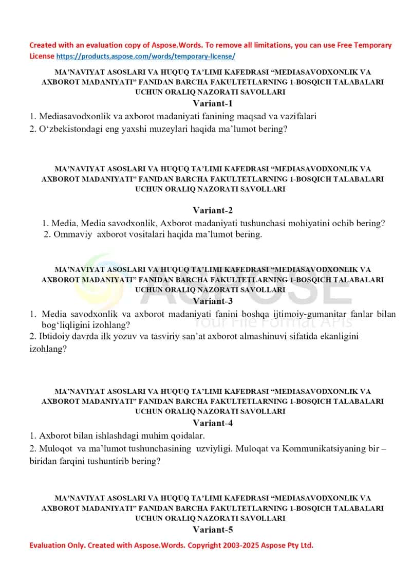 Mediasavodxonlik va axborot madaniyati fani oraliq nazorat savollari to‘plami
