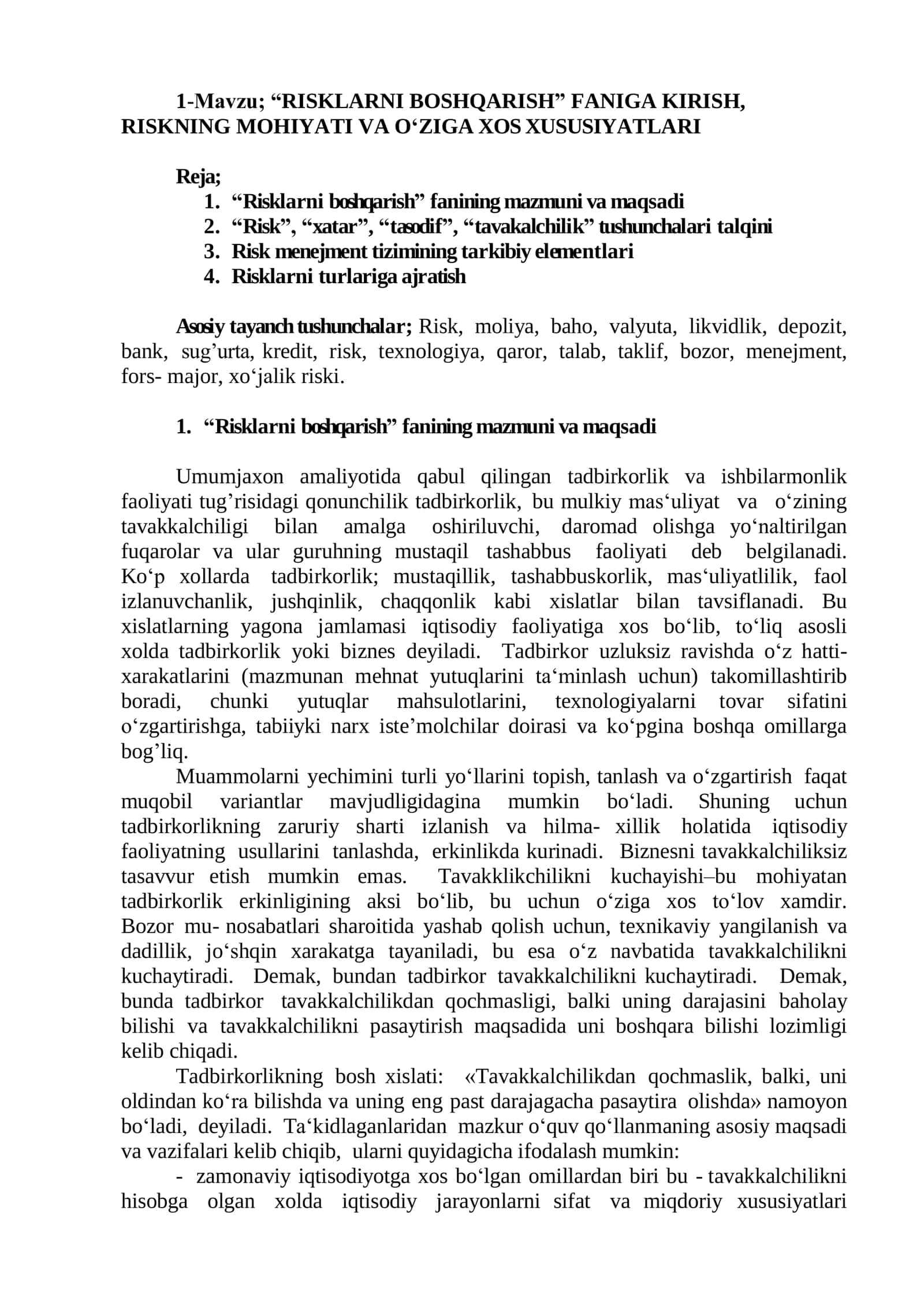 “RISKLARNI BOSHQARISH” FANIGA KIRISH, RISKNING MOHIYATI VA OʻZIGA XOS XUSUSIYATLARI