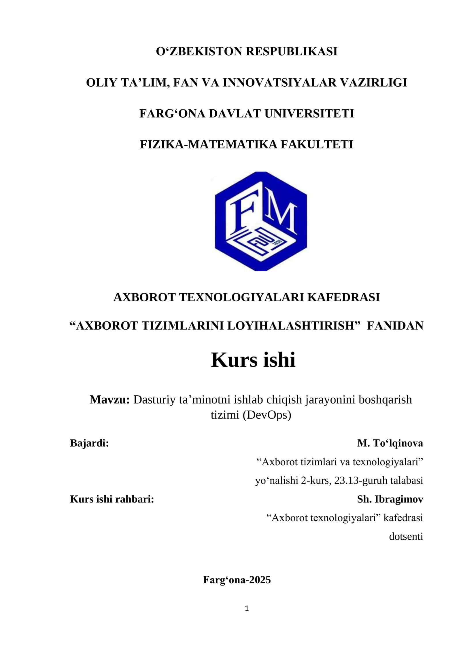Dasturiy ta’minotni ishlab chiqish jarayonini boshqarish  tizimi (DevOps)
