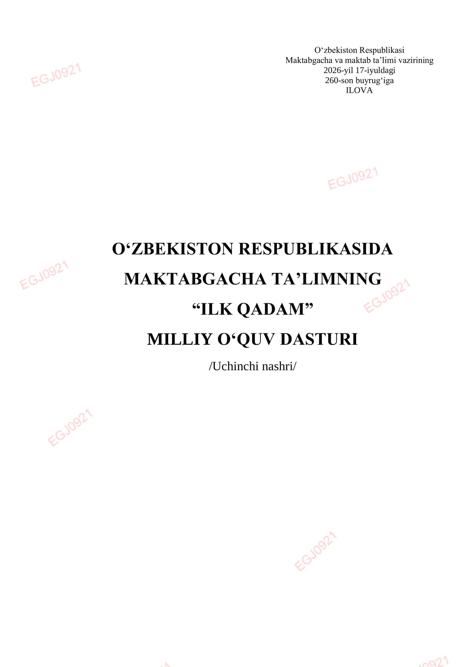 "MAKTABGACHA TAʼLIMNING “ILK QADAM” MILLIY OʻQUV DASTURI"