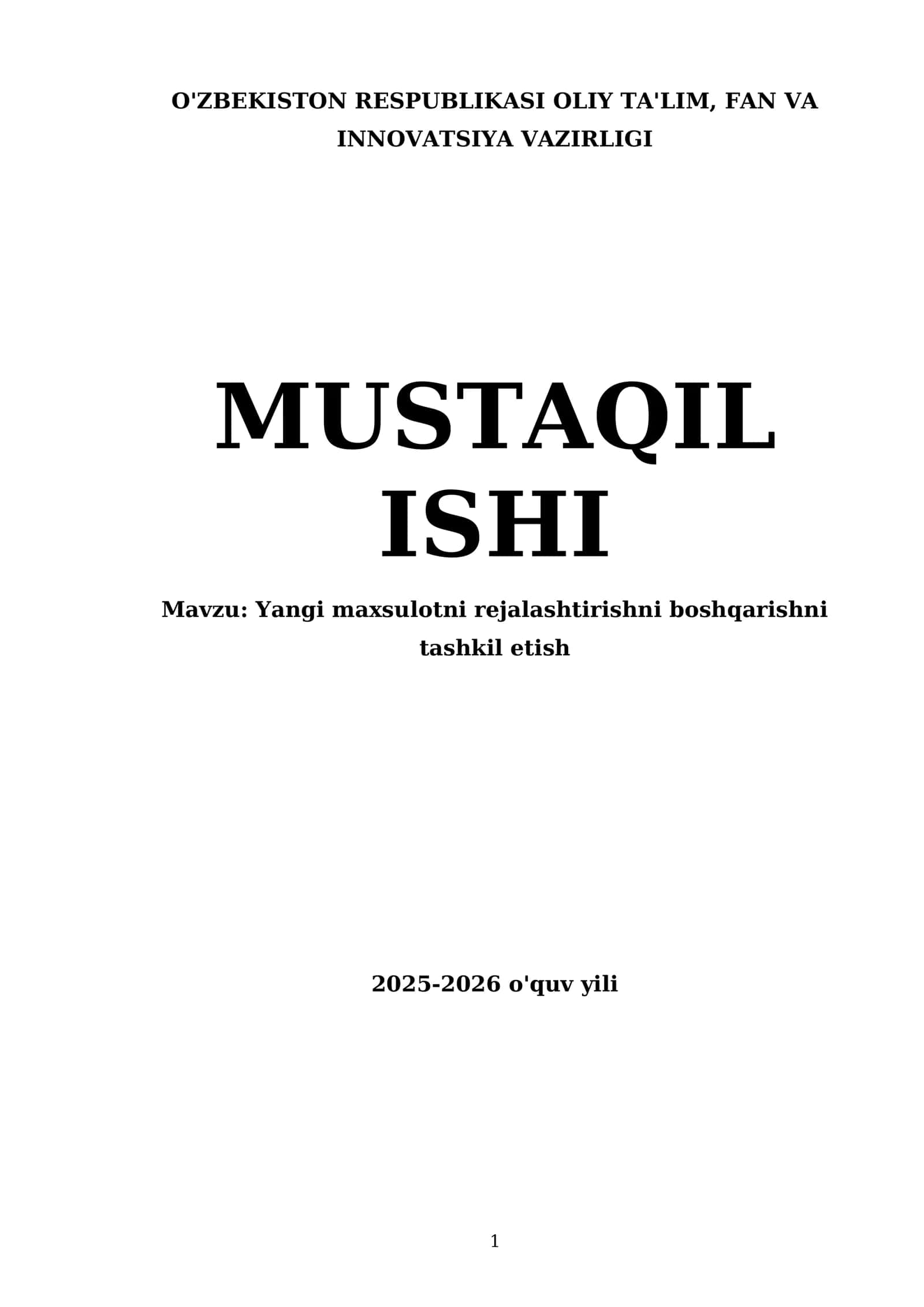 Yangi maxsulotni rejalashtirishni boshqarishni tashkil etish