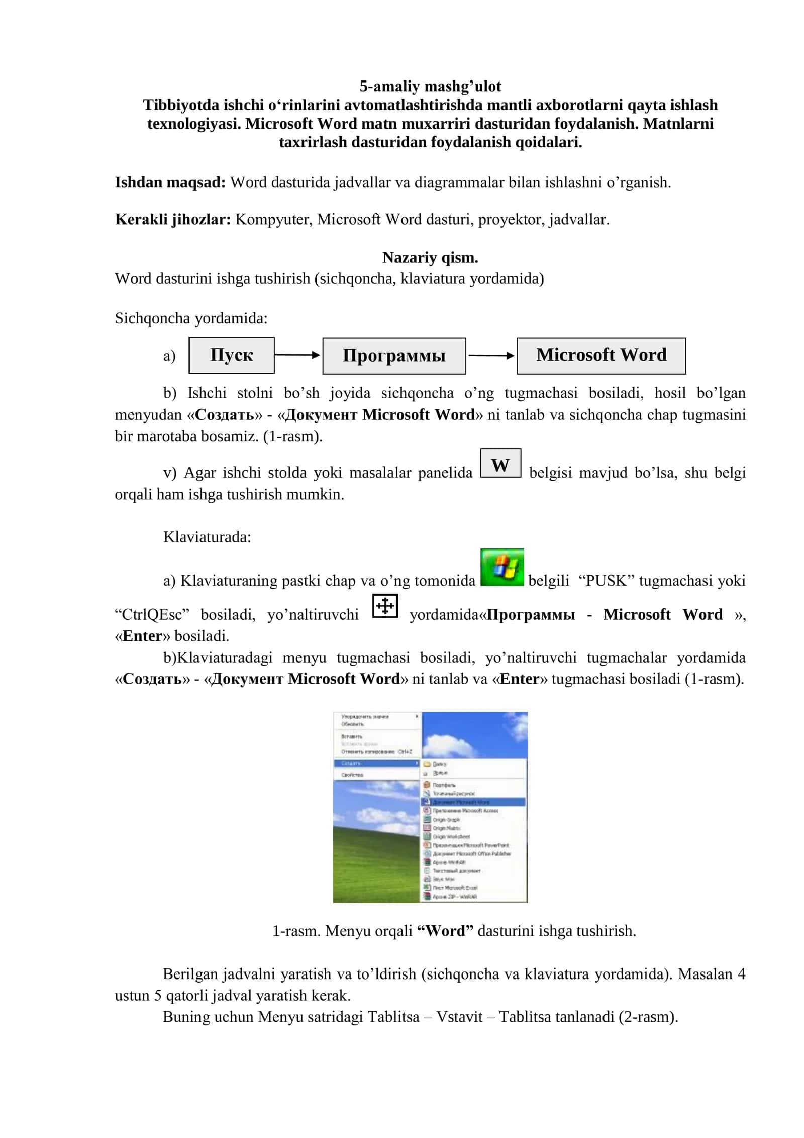 Tibbiyotda ishchi о‘rinlarini avtomatlashtirishda mantli axborotlarni qayta ishlash texnologiyasi. Microsoft Word matn muxarriri dasturidan foydalanish. Matnlarni taxrirlash dasturidan foydalanish qoidalari