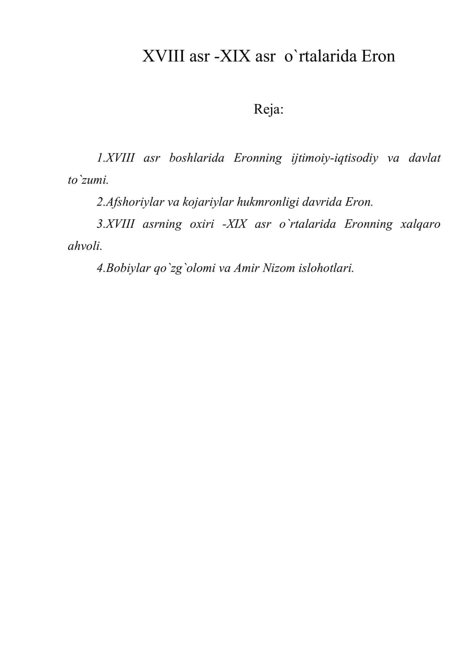 XVIII asr -XIX asr o`rtalarida Eron