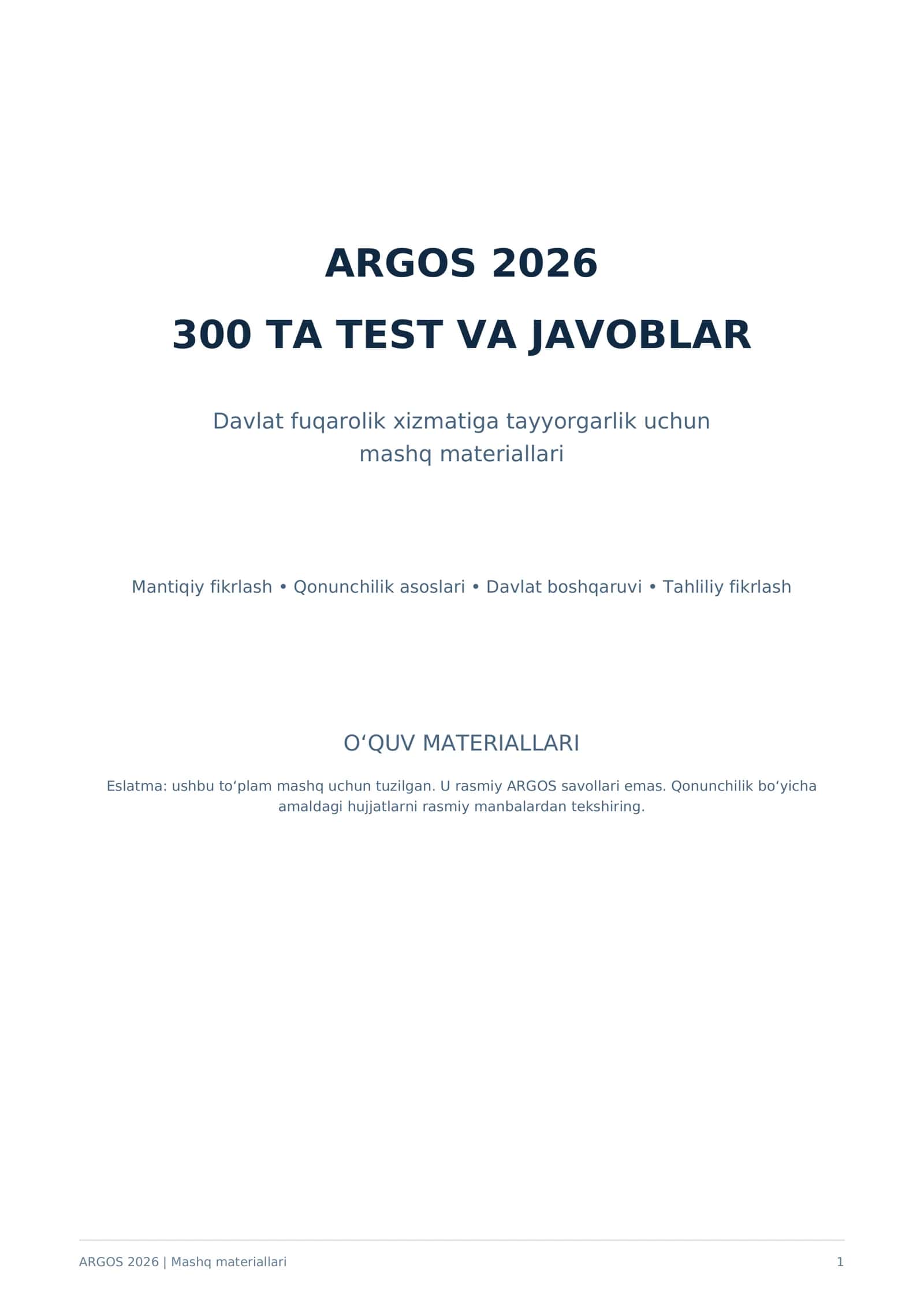 ARGOS 2026 — 300 ta test va javoblar to‘plami | Davlat xizmatiga tayyorgarlik