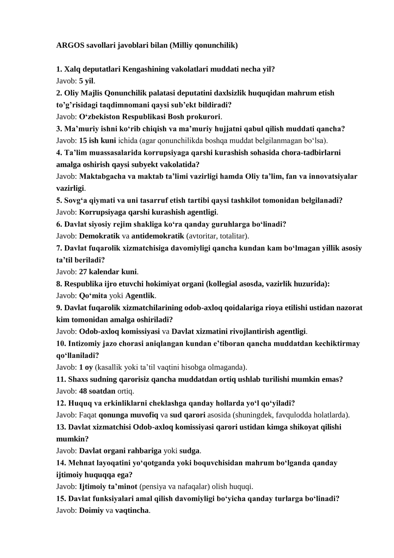 ARGOS TEST SAVOLLARI Milliy qonunchilik (Javoblari bilan)