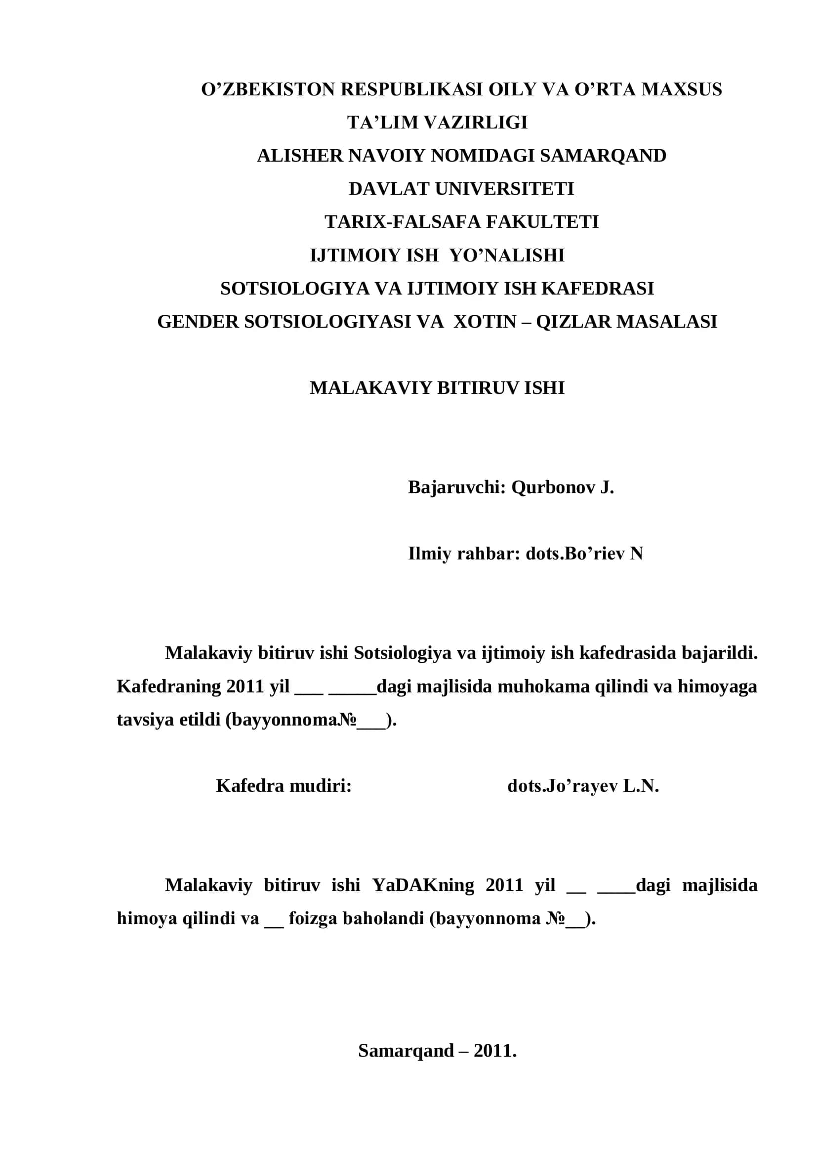 GENDER SOTSIOLOGIYASI VA XOTIN – QIZLAR MASALASI