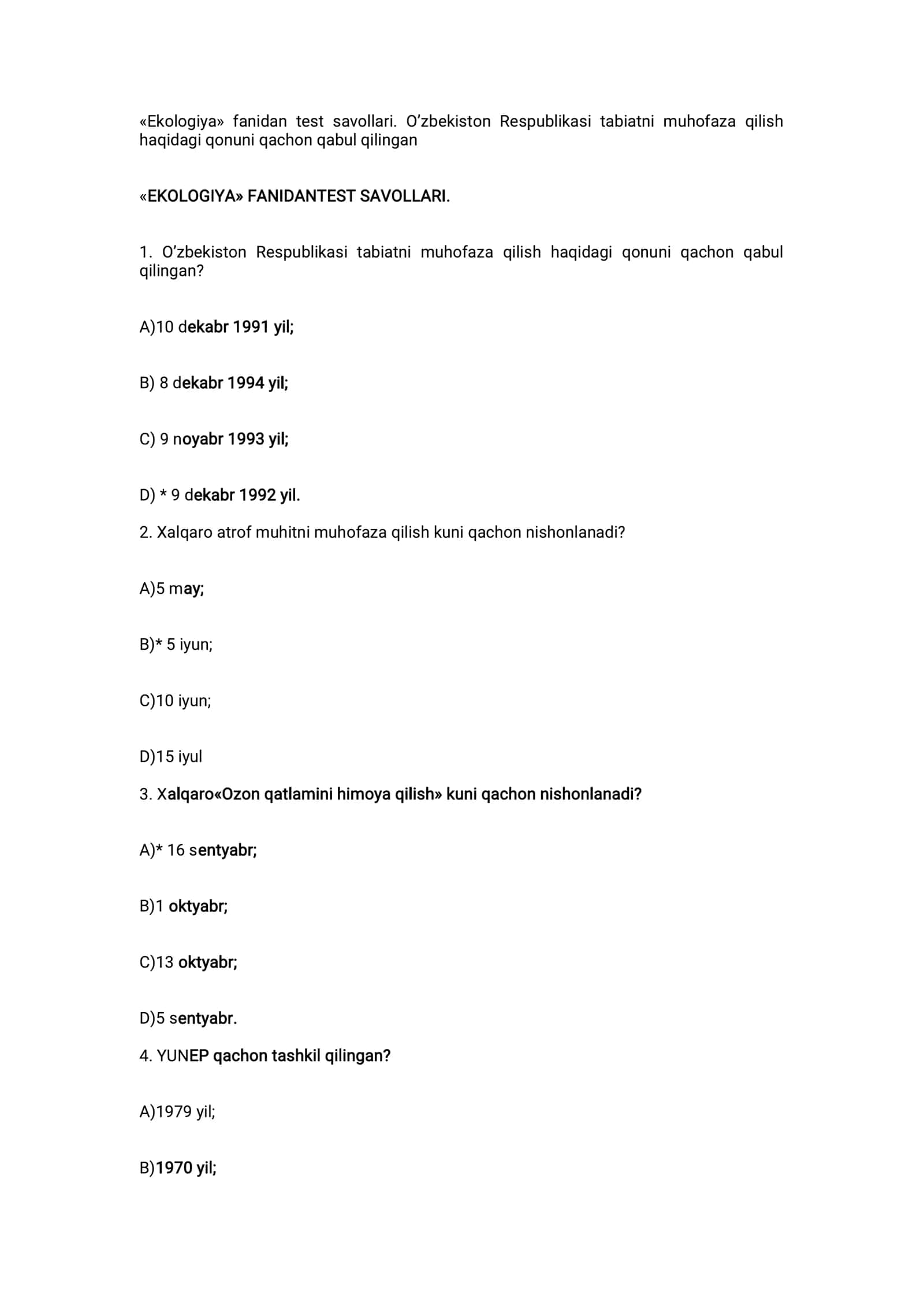 Ekologiya fanidan test savollari