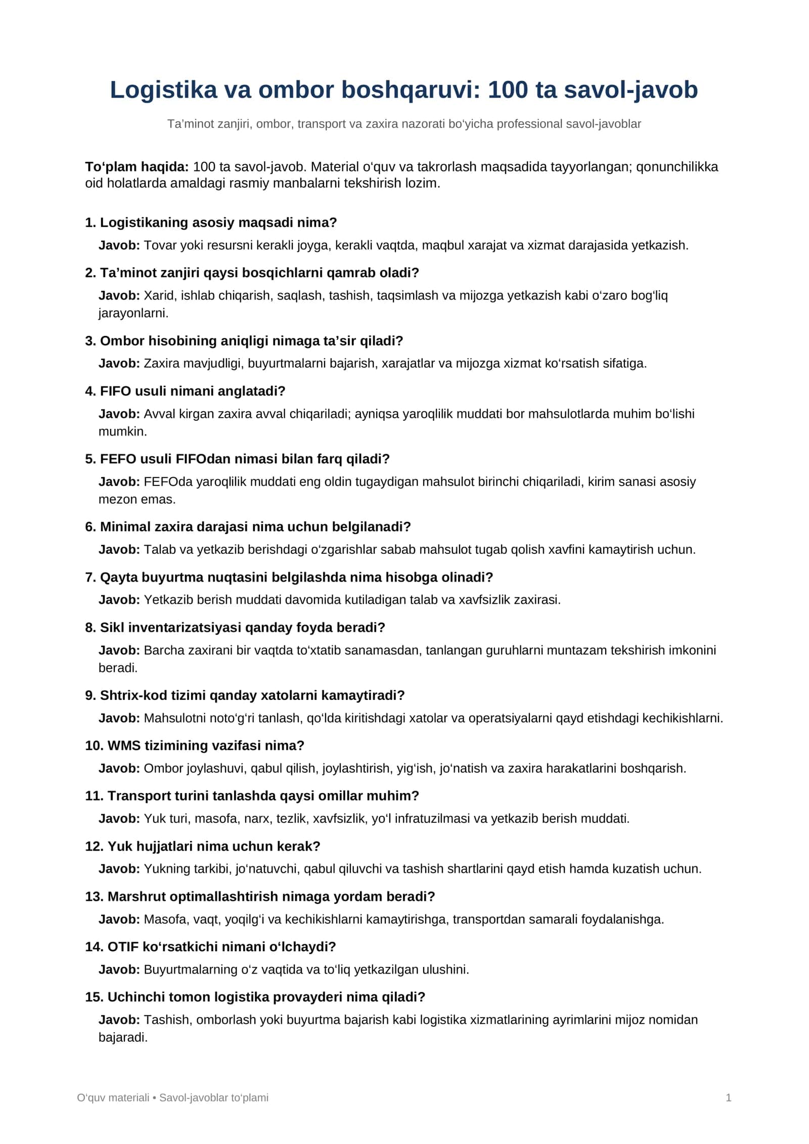 Logistika va ombor boshqaruvi — 100 ta savol-javob