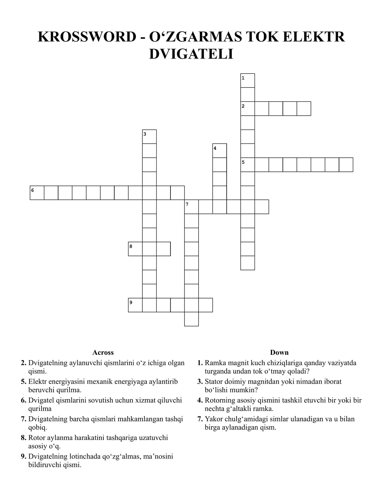 KROSSWORD - O‘ZGARMAS TOK ELEKTR DVIGATELI