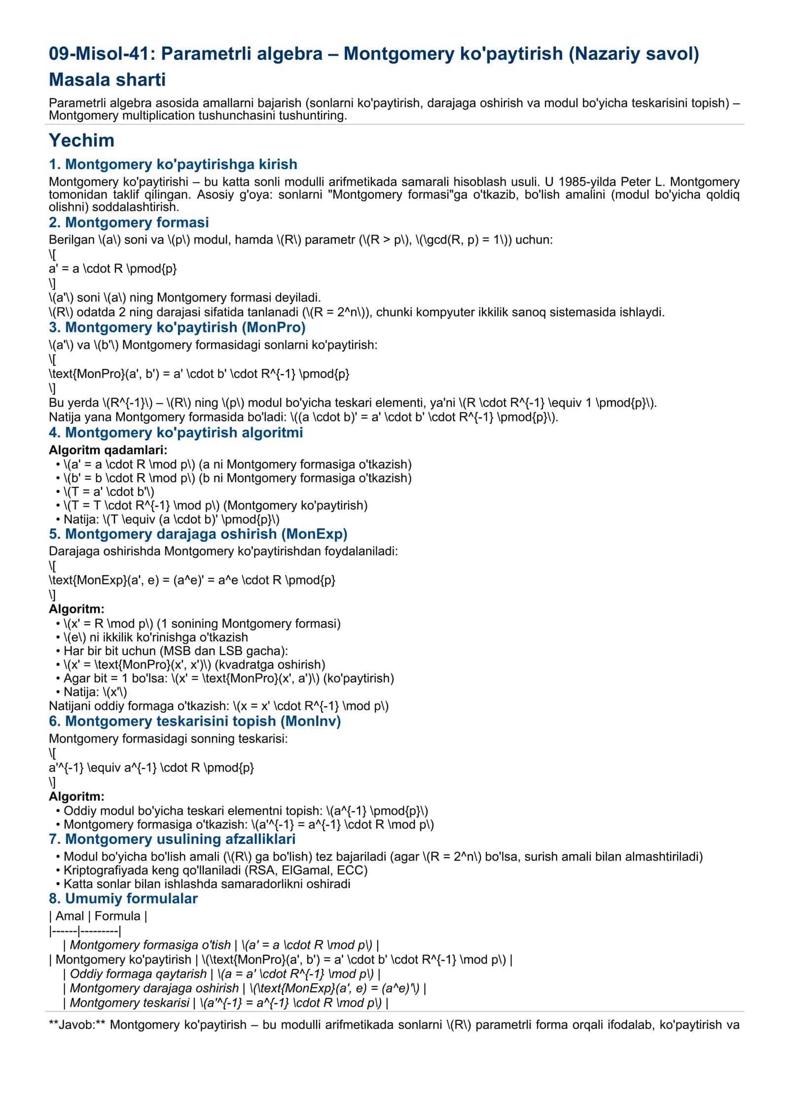 Parametrli algebra – Montgomery ko'paytirish (Nazariy savol)