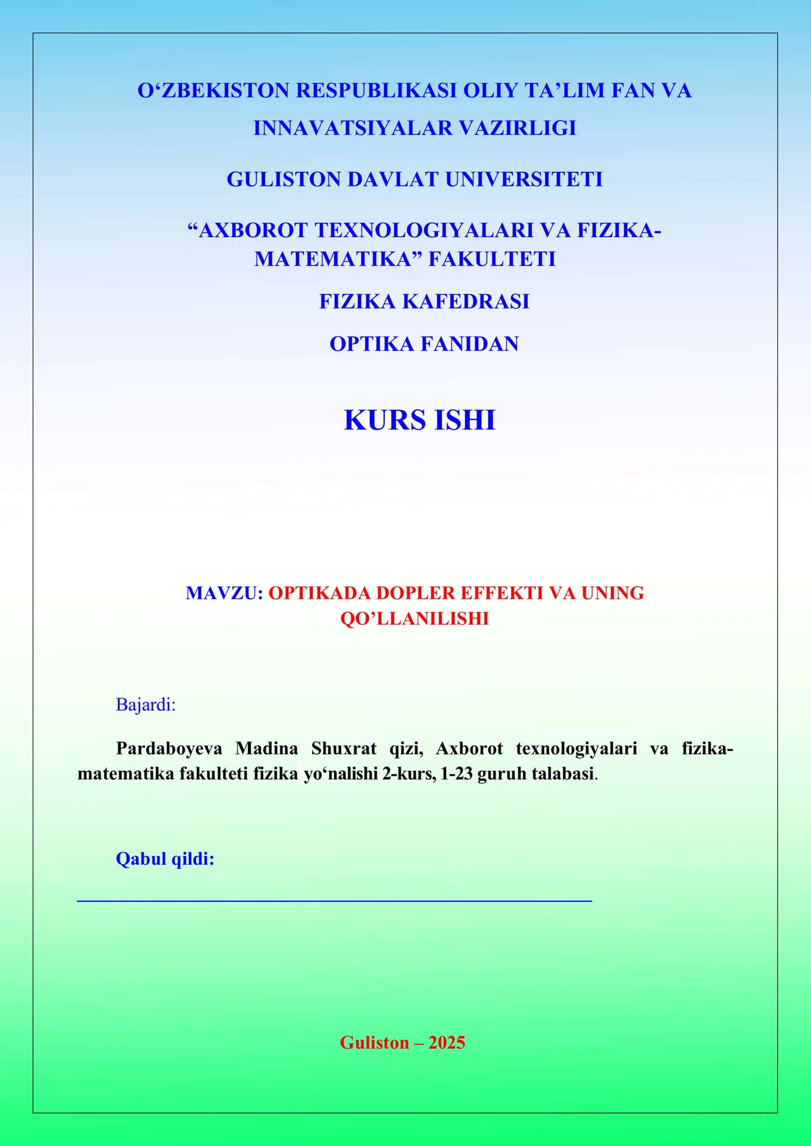 OPTIKADA DOPLER EFFEKTI VA UNING QO’LLANILISHI