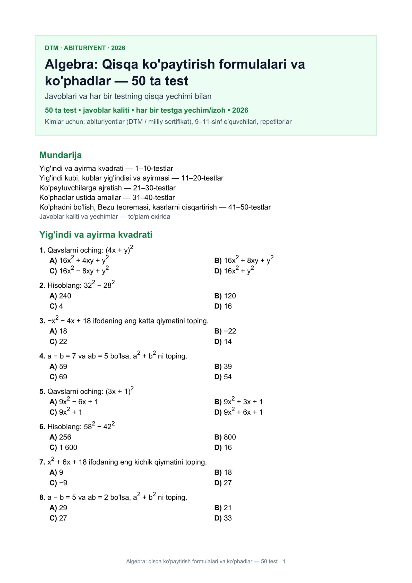 Algebra: Qisqa ko'paytirish formulalari va ko'phadlar