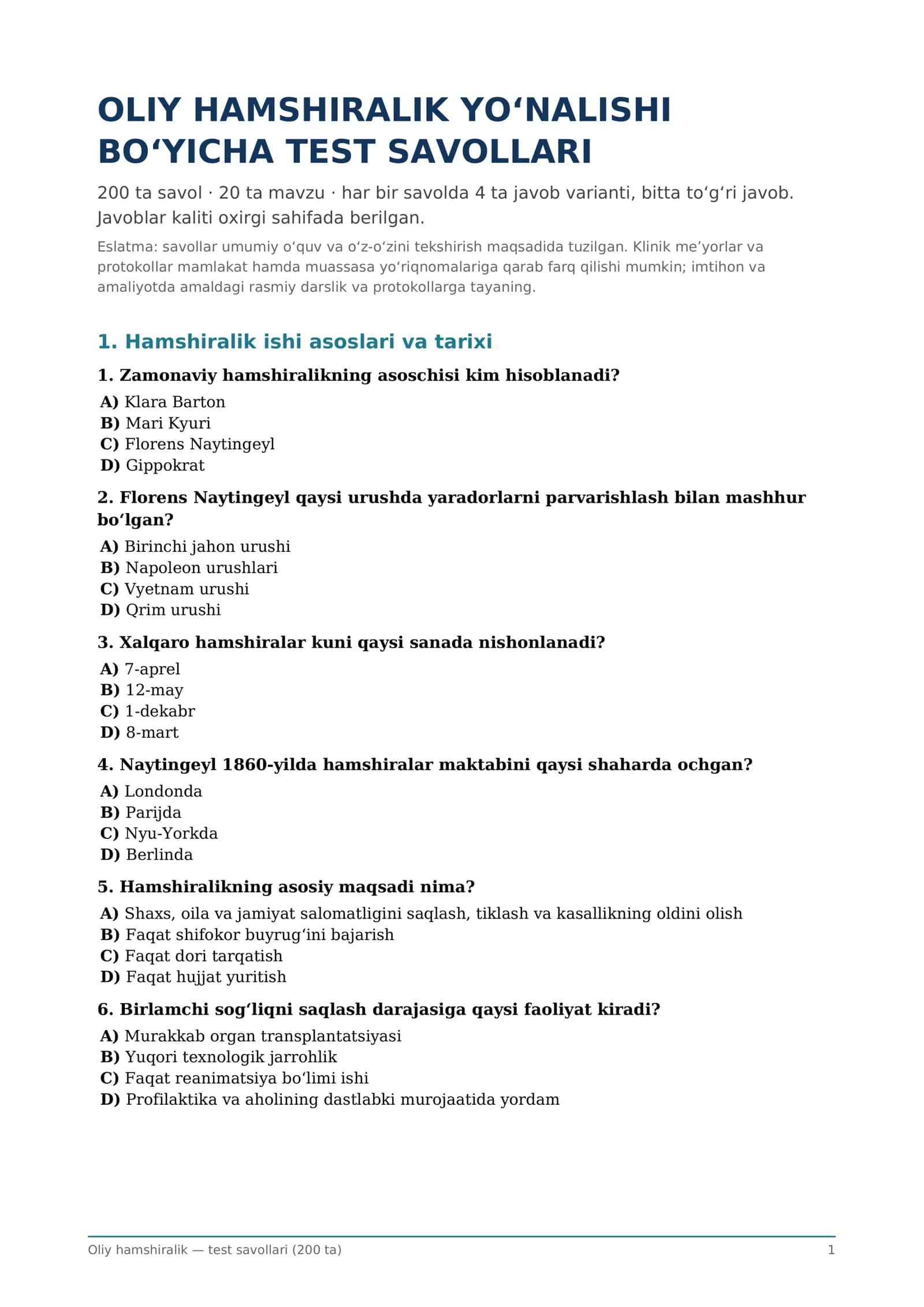 Oliy hamshiralik — test savollari (200 ta)
