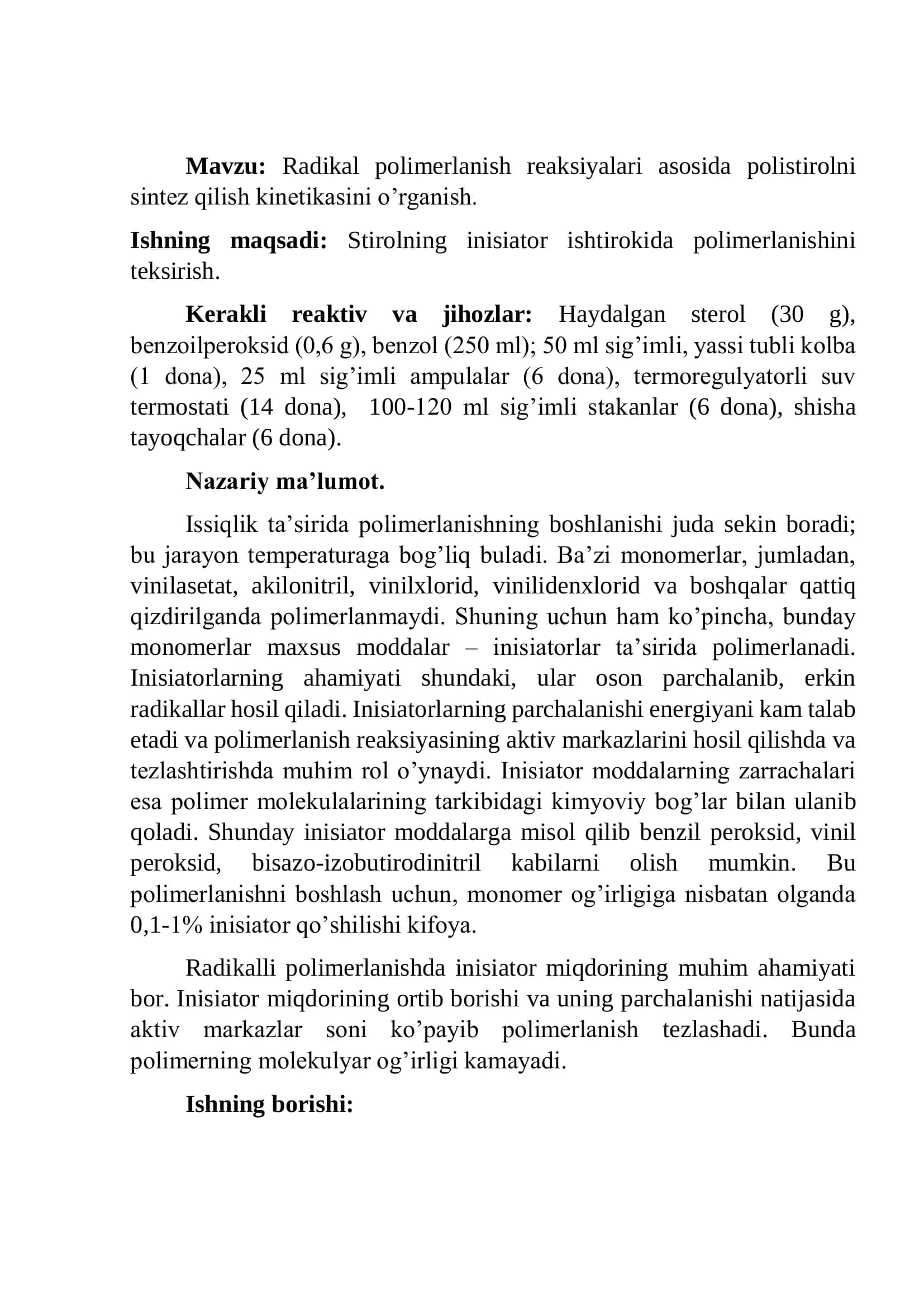 Radikal polimerlanish reaksiyalari asosida polistirolni  sintez qilish kinetikasini o’rganish