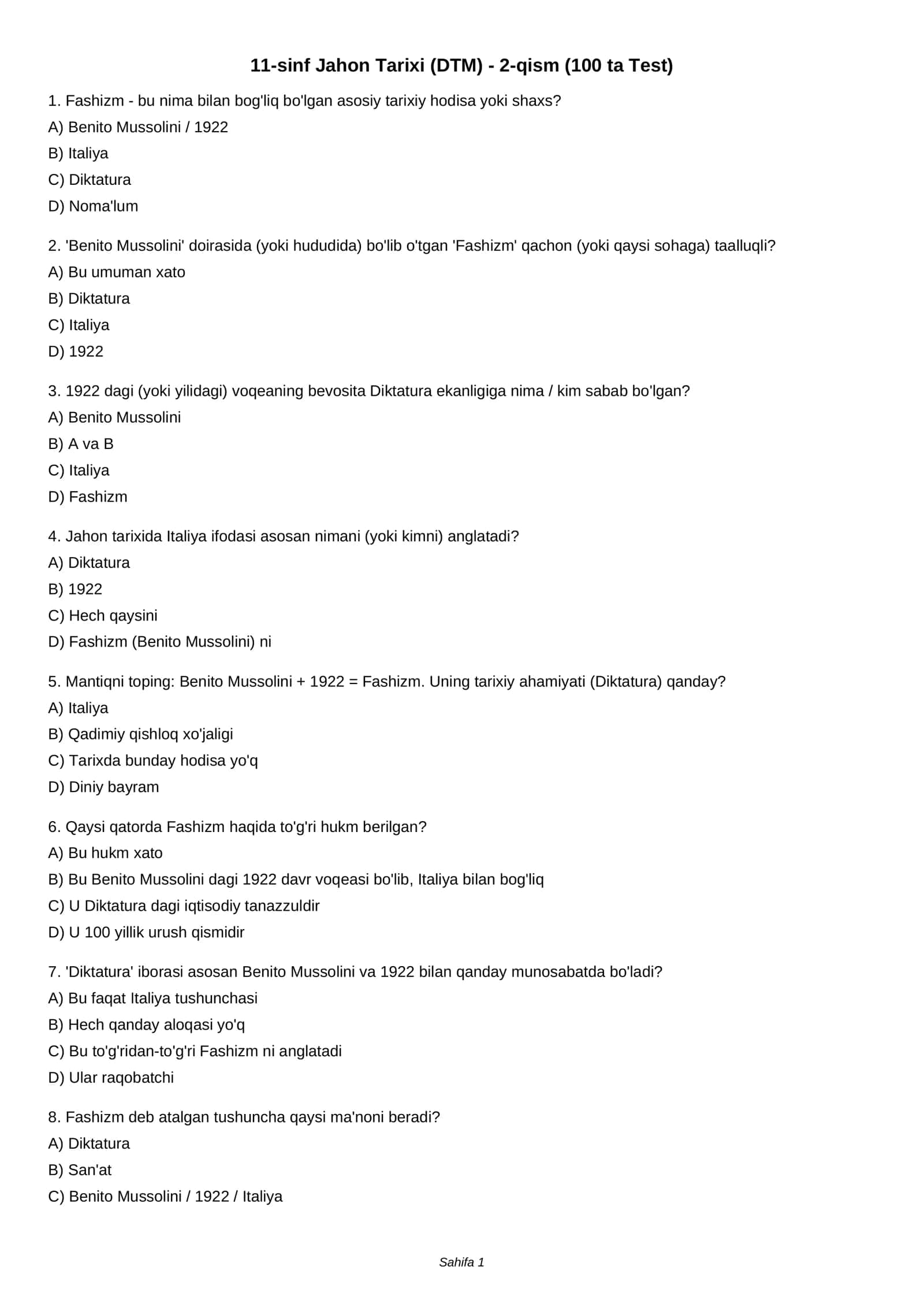 11-sinf Jahon Tarixi (DTM) - 2-qism (100 ta Test)