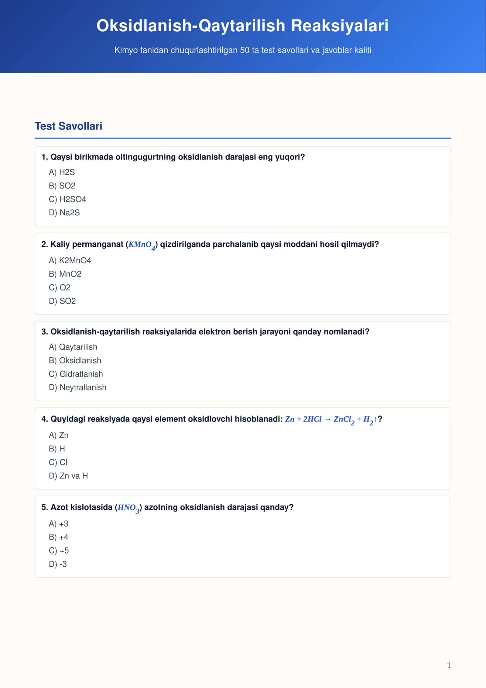 Oksidlanish-Qaytarilish Reaksiyalari Test Savollari