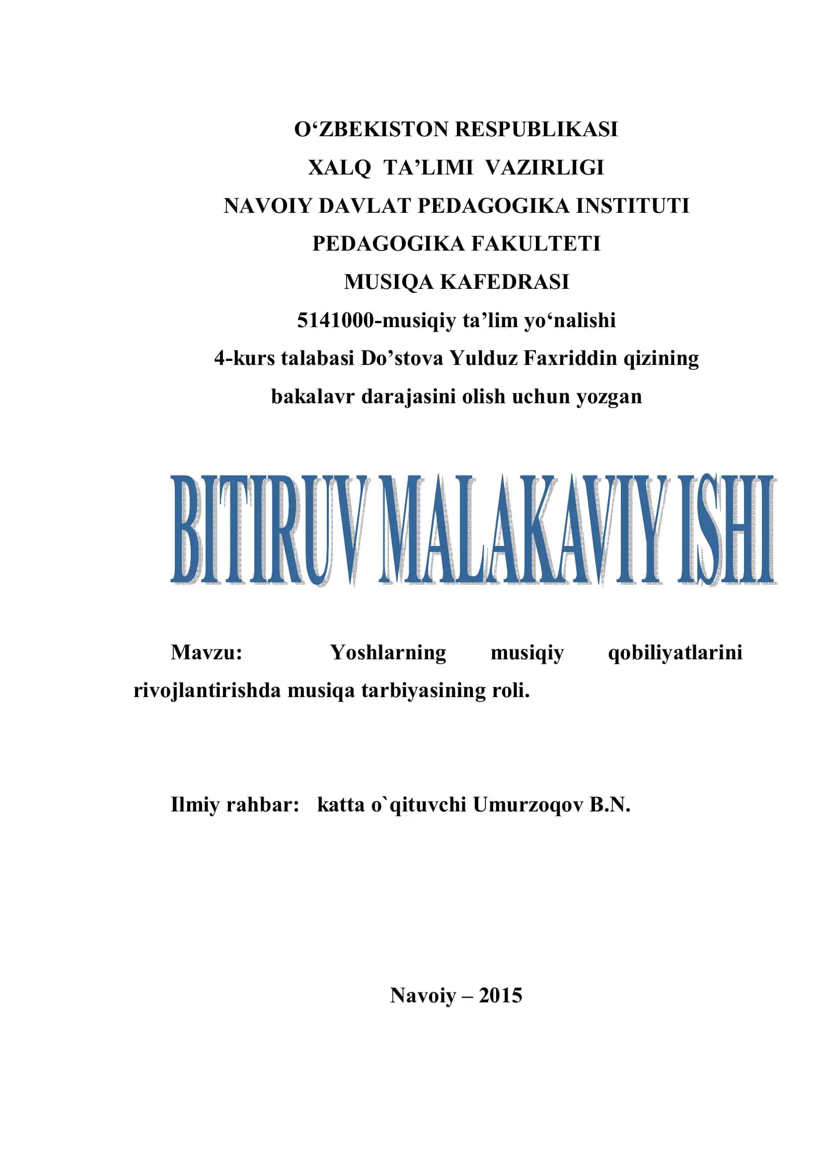 Yoshlarning musiqiy qobiliyatlarini rivojlantirishda musiqa tarbiyasining roli