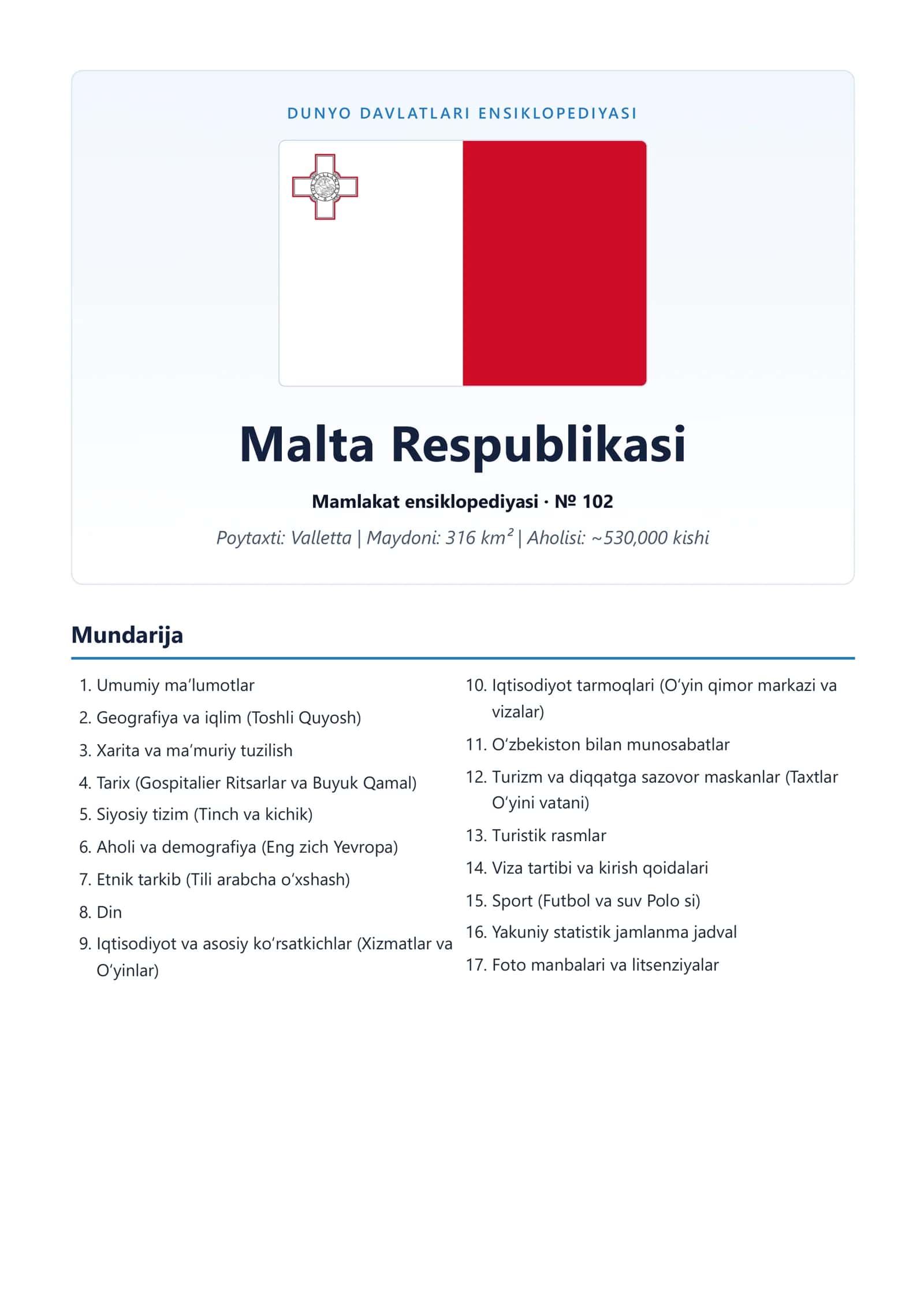 DAVLATLAR ENSIKLOPEDIYASI: MALTA RESPUBLIKASI