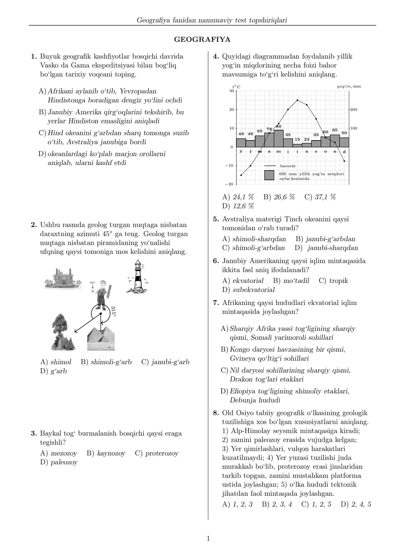 Geograﬁya fanidan namunaviy test topshiriqlari
