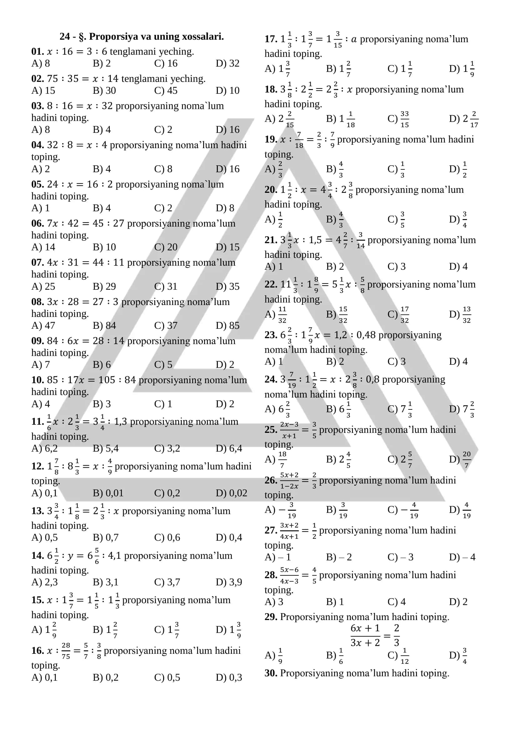 Proporsiyamavzusidan 100 talik test (javoblari bilan)