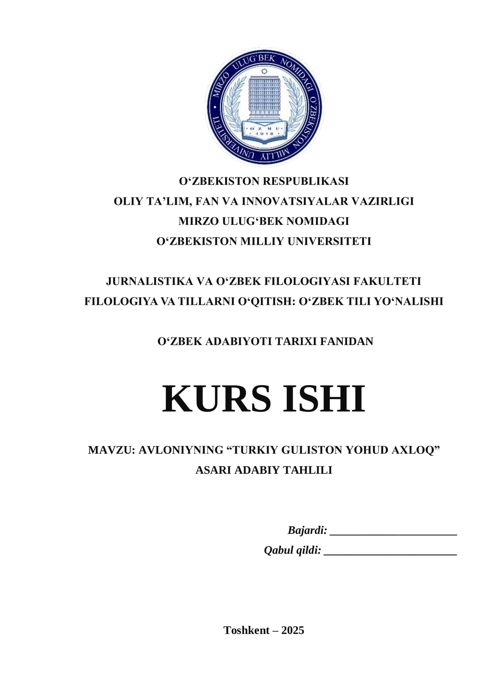 Avloniyning «Turkiy guliston yohud axloq» asari adabiy tahlili