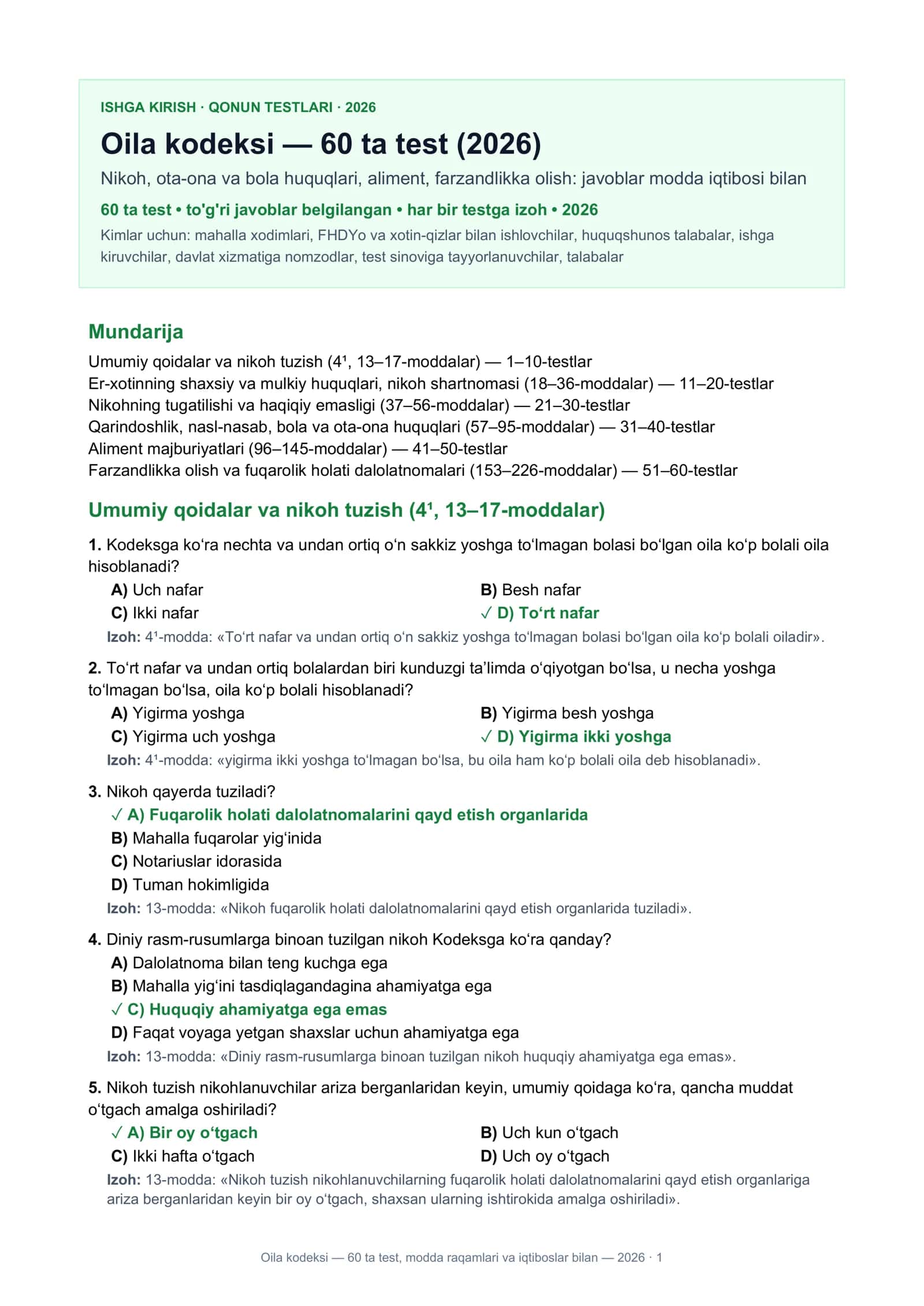 Oila kodeksi — 60 ta test, modda raqamlari va iqtiboslar bilan — 2026 · 1