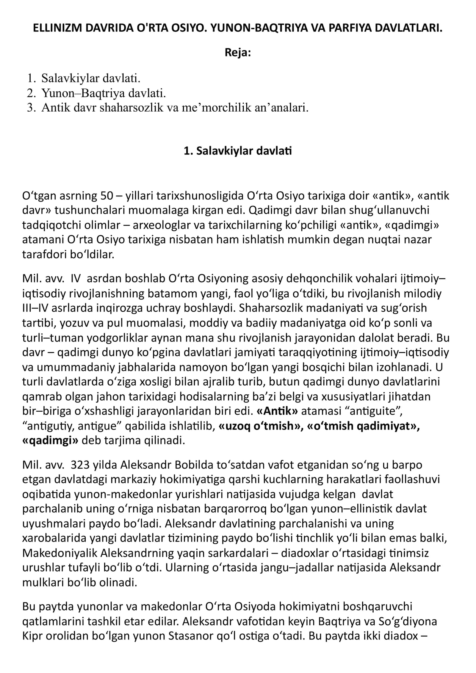 ELLINIZM DAVRIDA O'RTA OSIYO. YUNON-BAQTRIYA VA PARFIYA DAVLATLARI