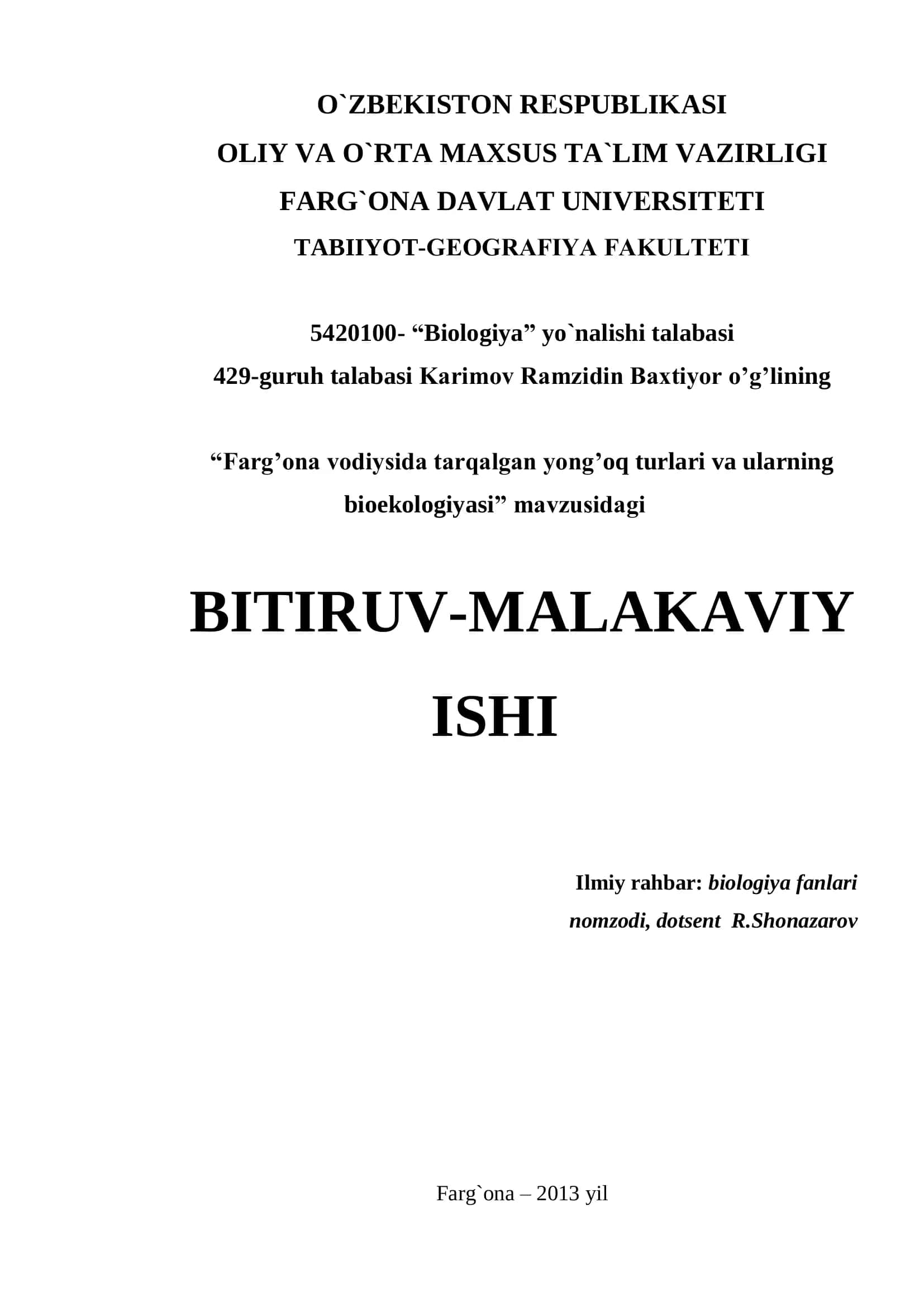 “Farg’ona vodiysida tarqalgan yong’oq turlari va ularning bioekologiyasi” BITIRUV-MALAKAVIY ISHI