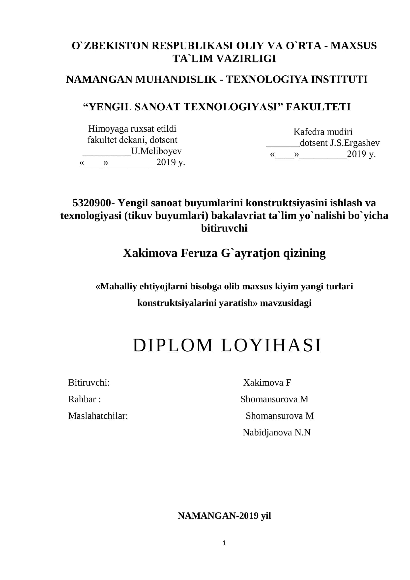 Yengil sanoat buyumlarini konstruktsiyasini ishlash va texnologiyasi (tikuv buyumlari) bakalavriat ta`lim yo`nalishi bo`yicha bitiruvchi