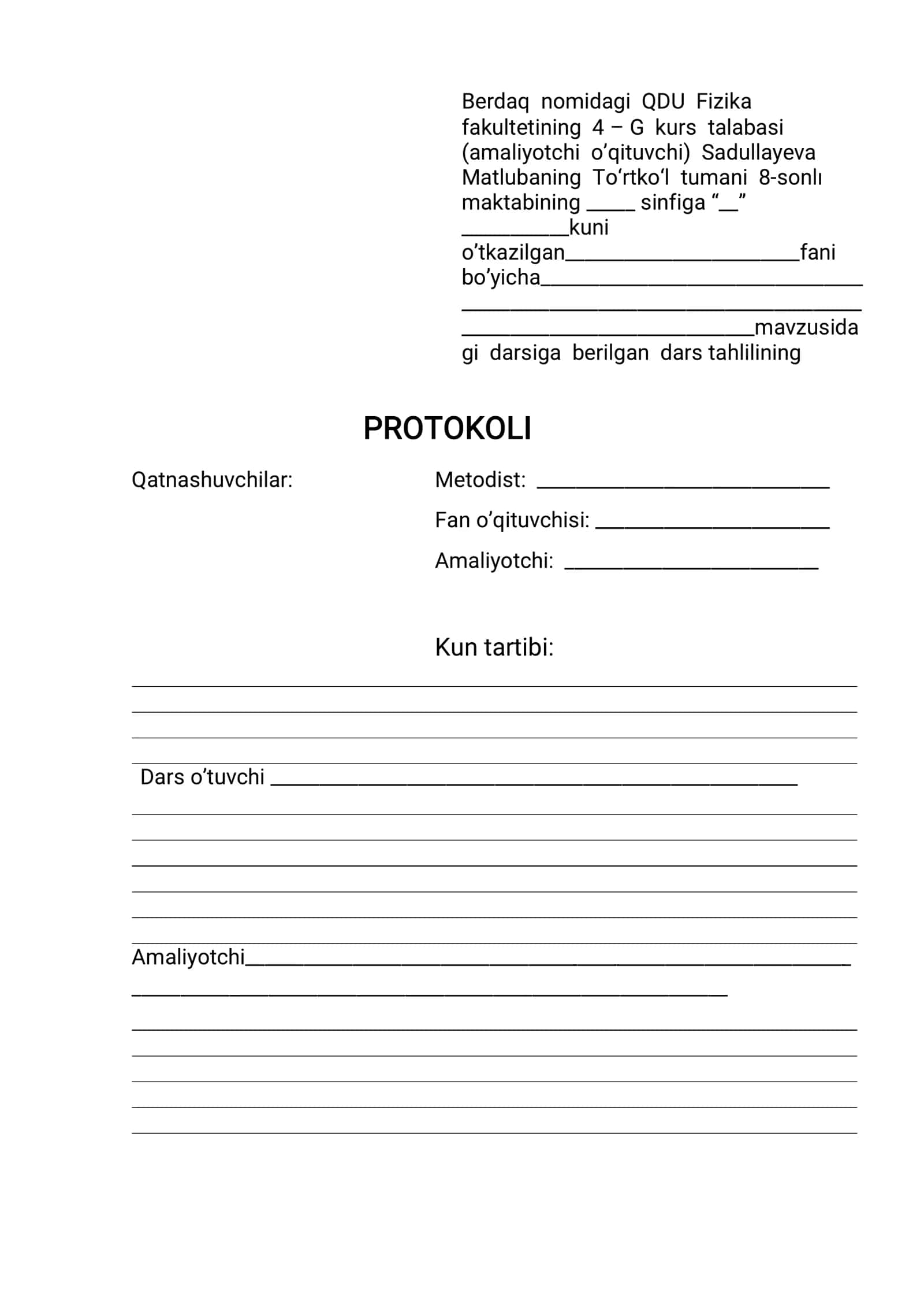 Dars tahlilining PROTOKOLI