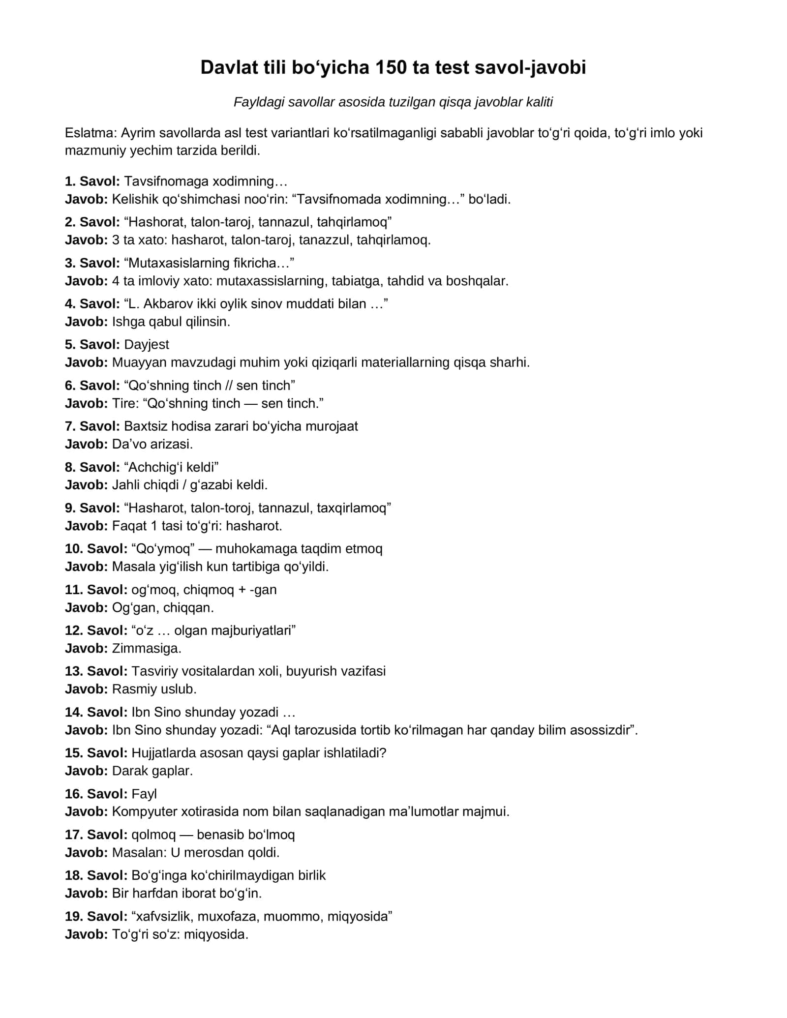 agros.uz dagi davlat tili test javoblari