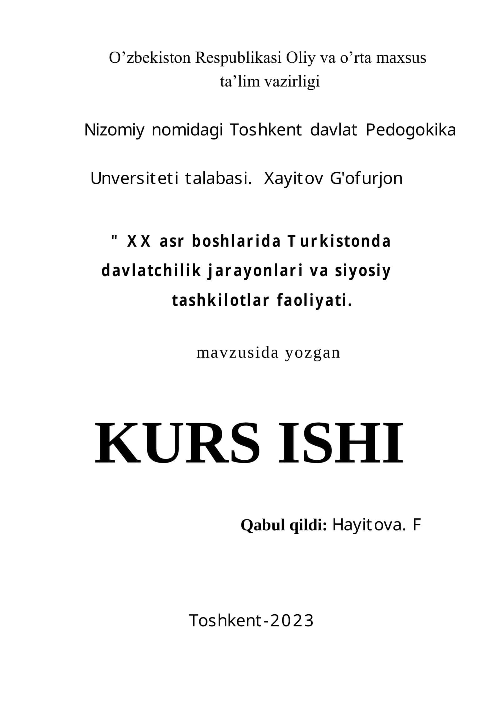 TURKISTONDA IKKI HOKIMIYATCHILIK VA SHO’ROL
