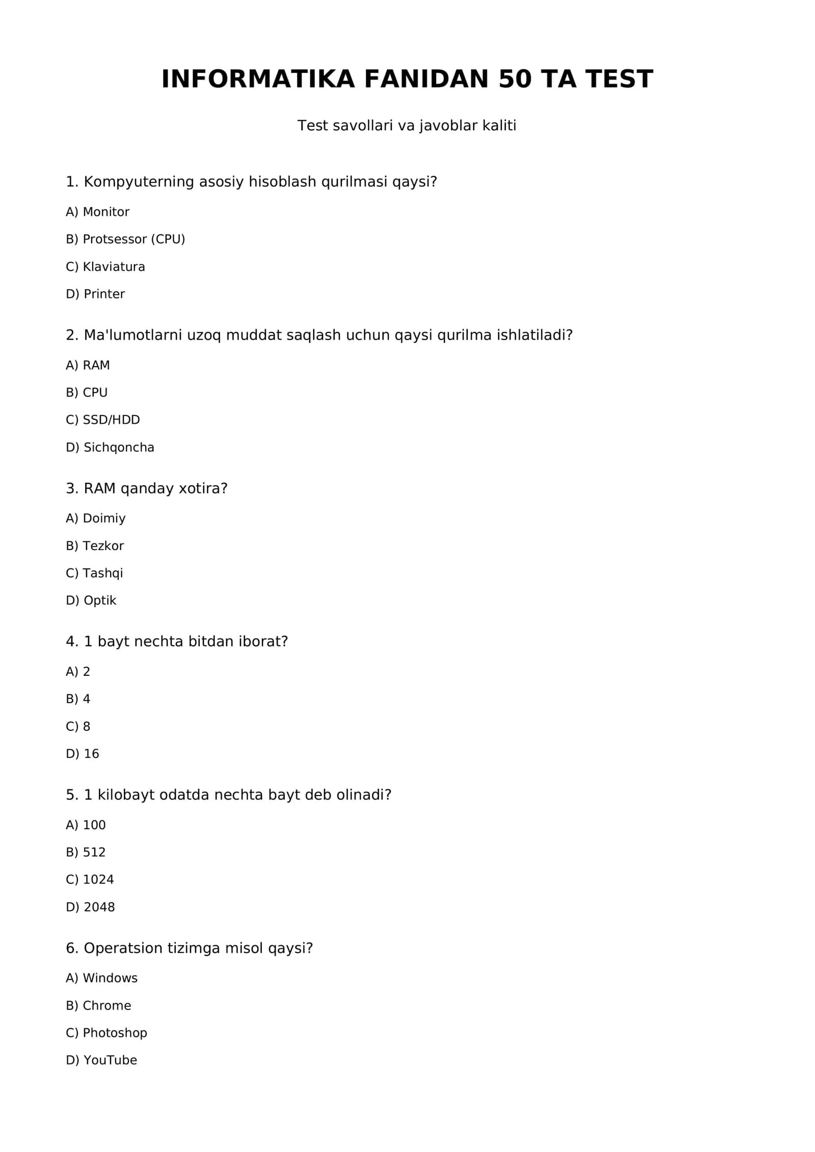 INFORMATIKA FANIDAN 50 TA TEST