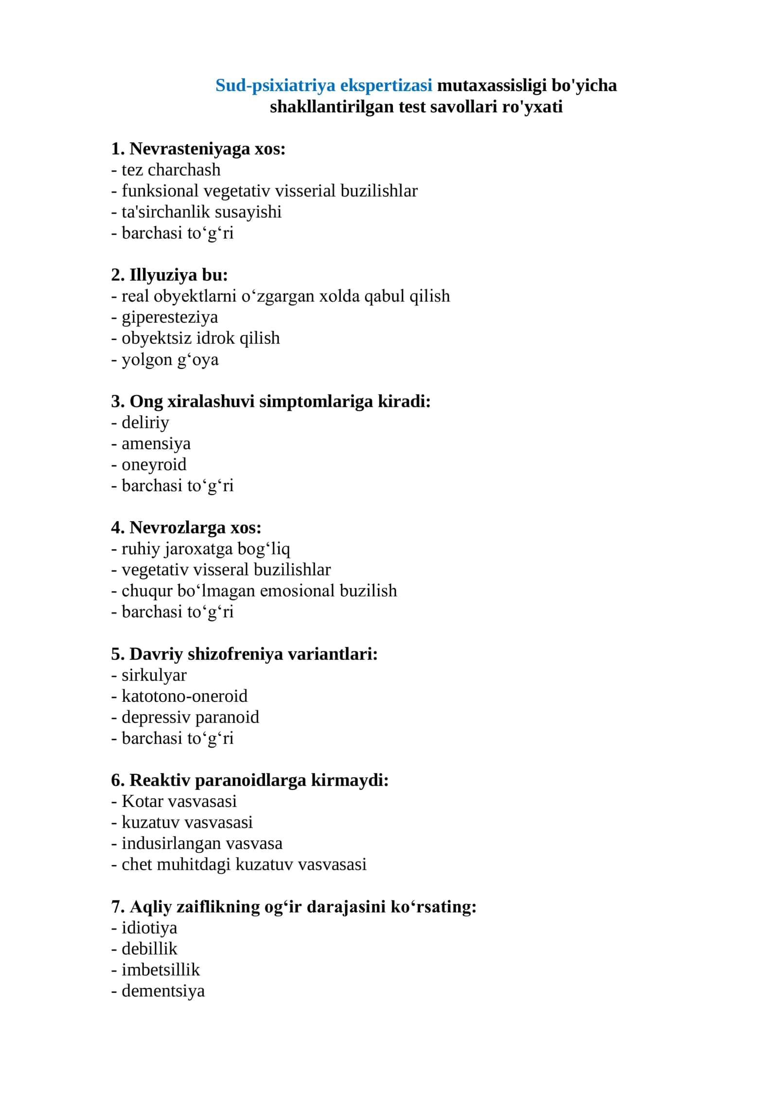 Sud-psixiatriya ekspertizasi mutaxassisligi test savollari 2026