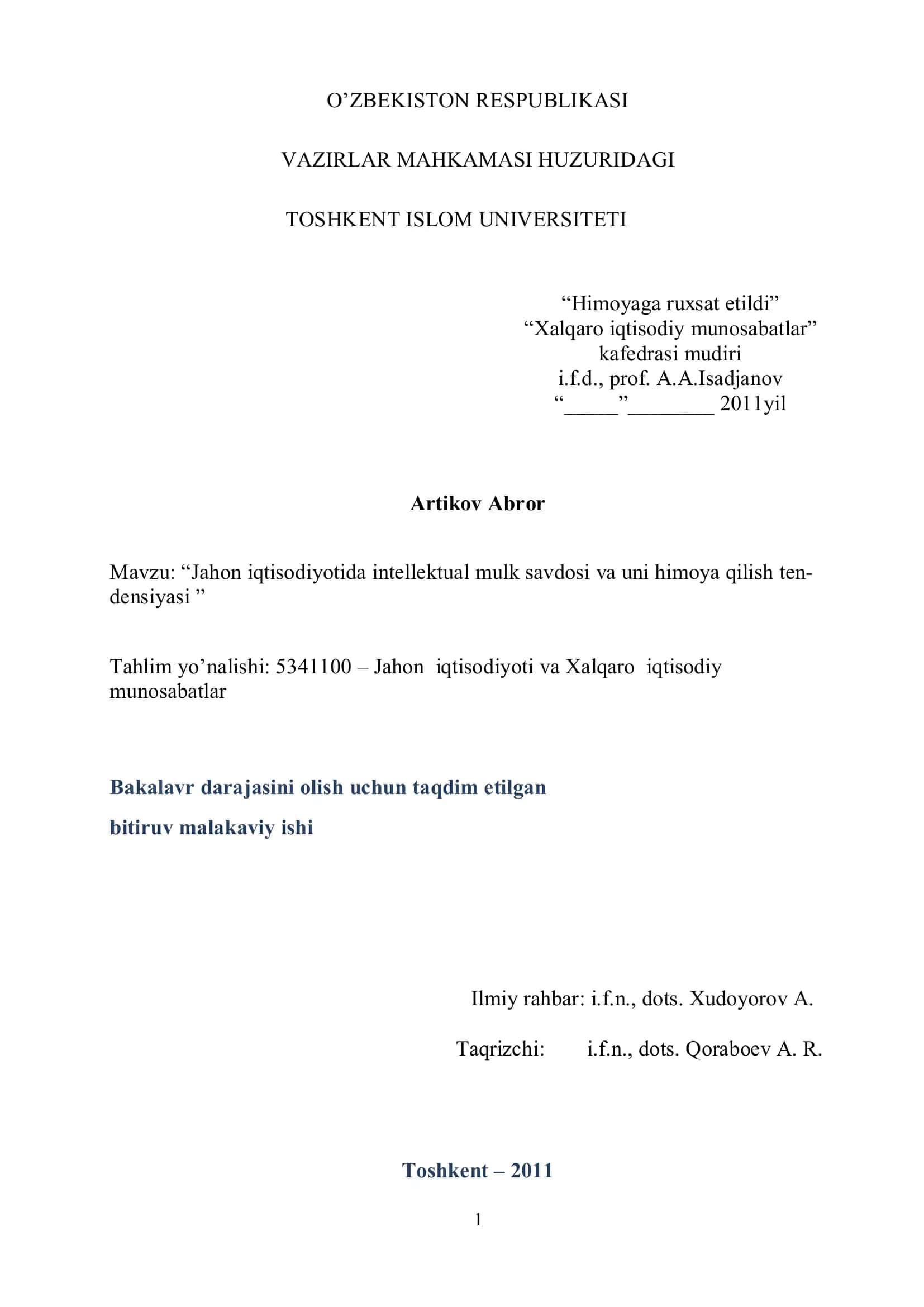 Jahon iqtisodiyotida intellektual mulk savdosi va uni himoya qilish ten
