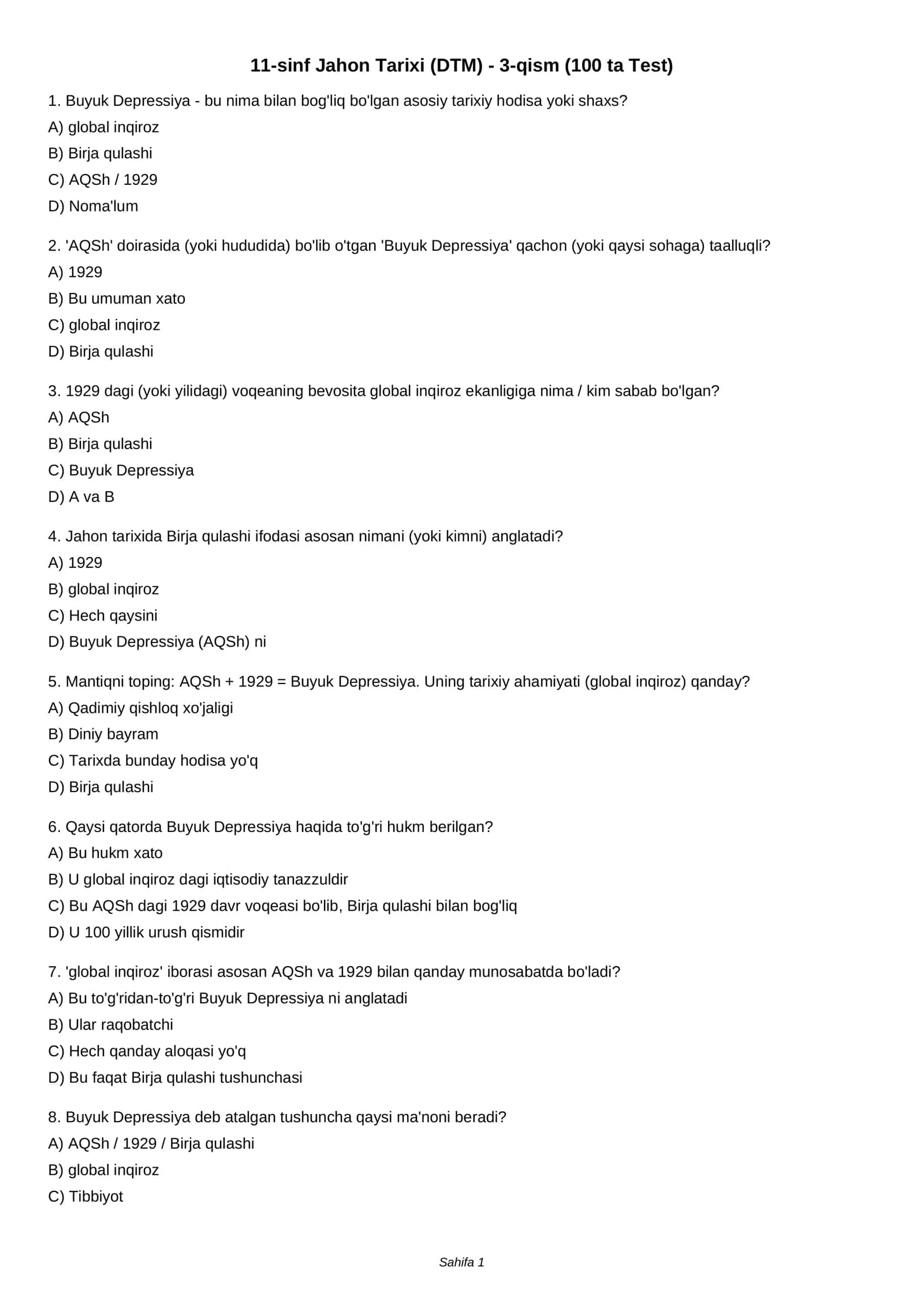 11-sinf Jahon Tarixi (DTM) - 3-qism (100 ta Test)
