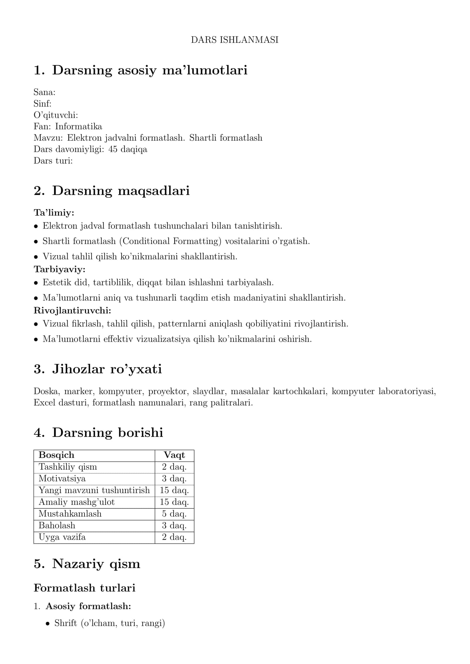 Elektron jadvalni formatlash. Shartli formatlash