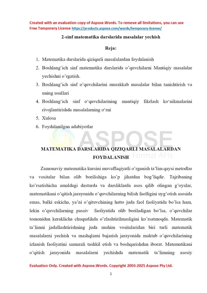 Matematika darslarida qiziqarli masalalardan foydalanish