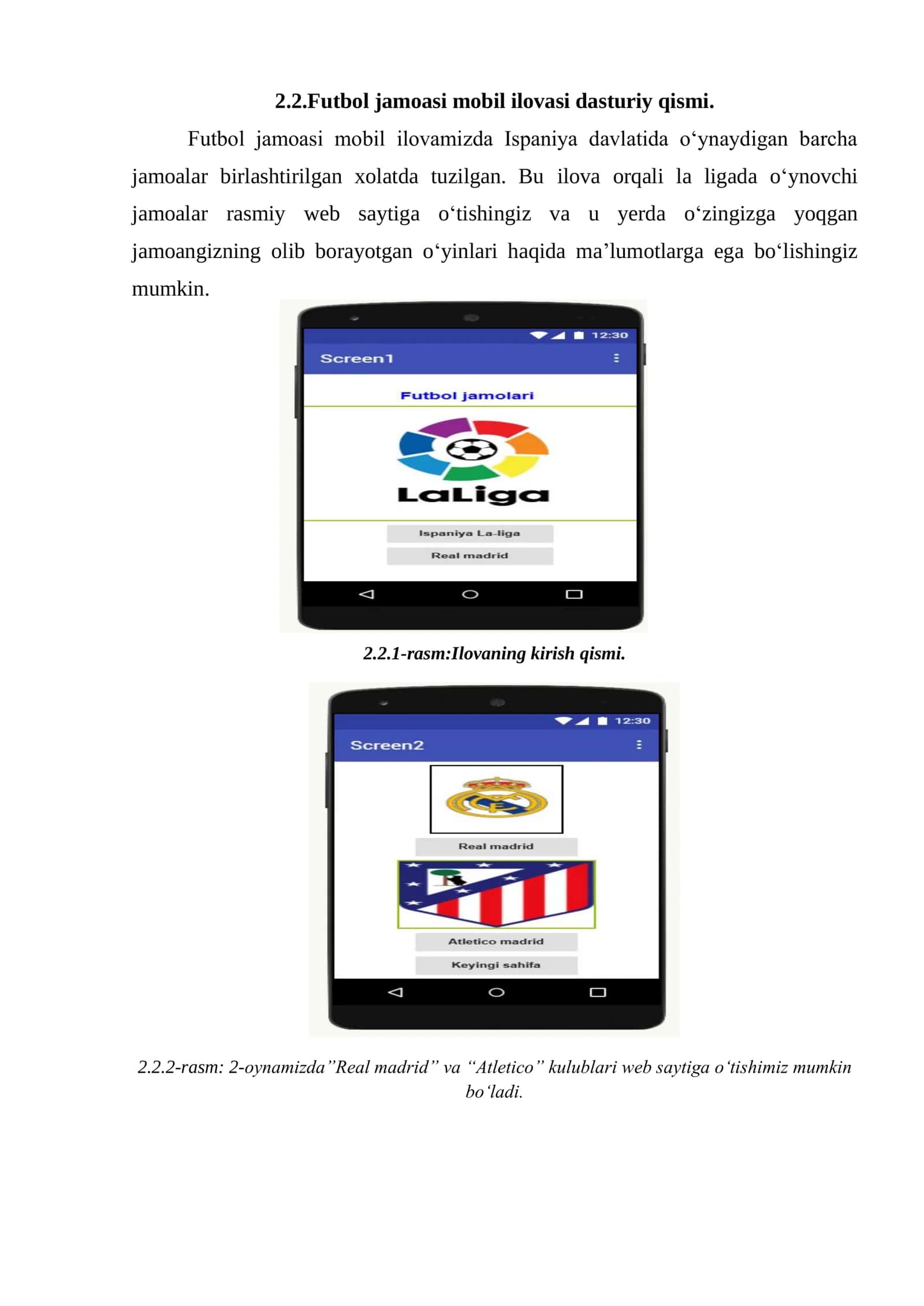 Futbol jamoasi mobil ilovasi dasturiy qismi