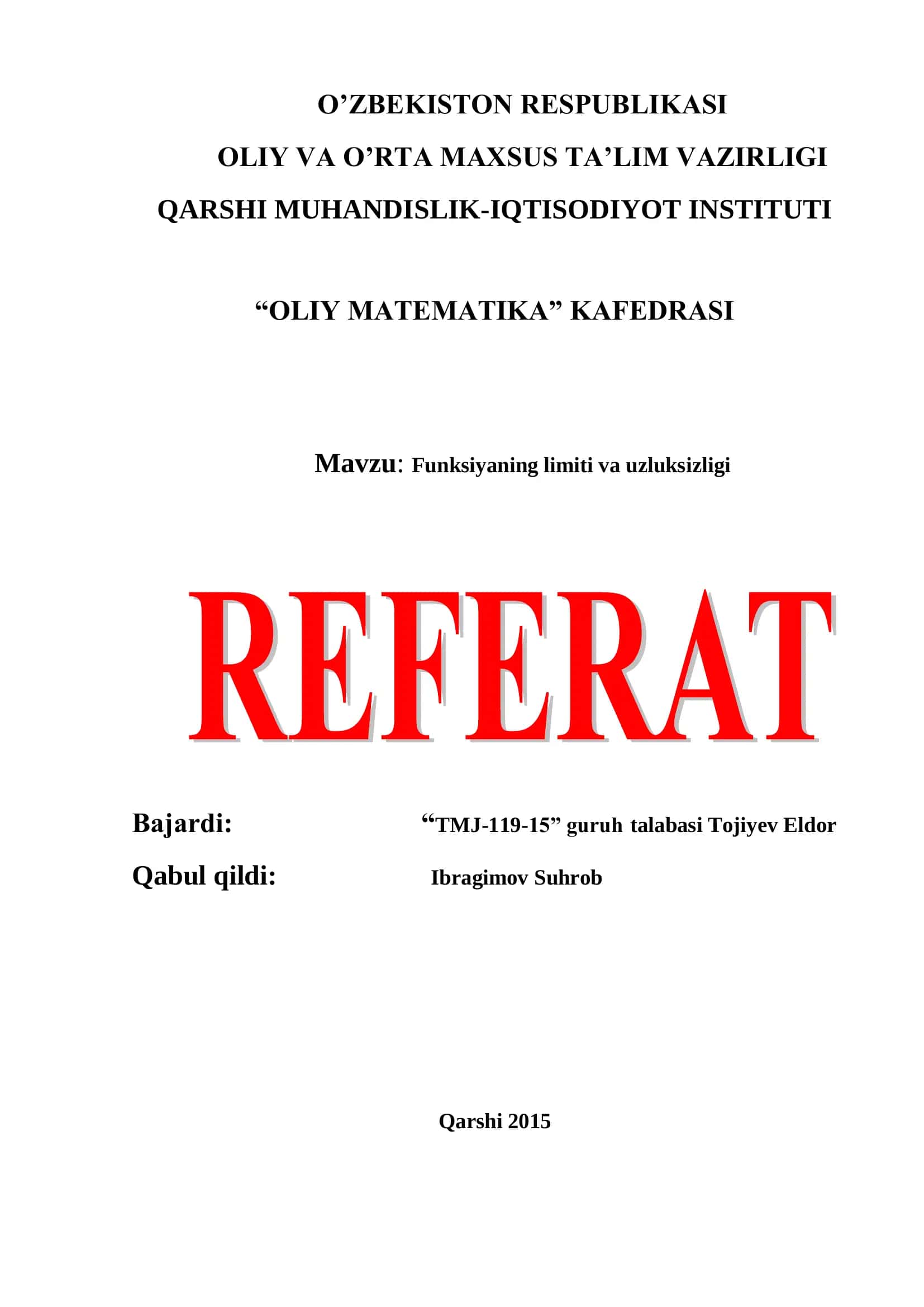 Funksiyaning limiti va uzluksizligi