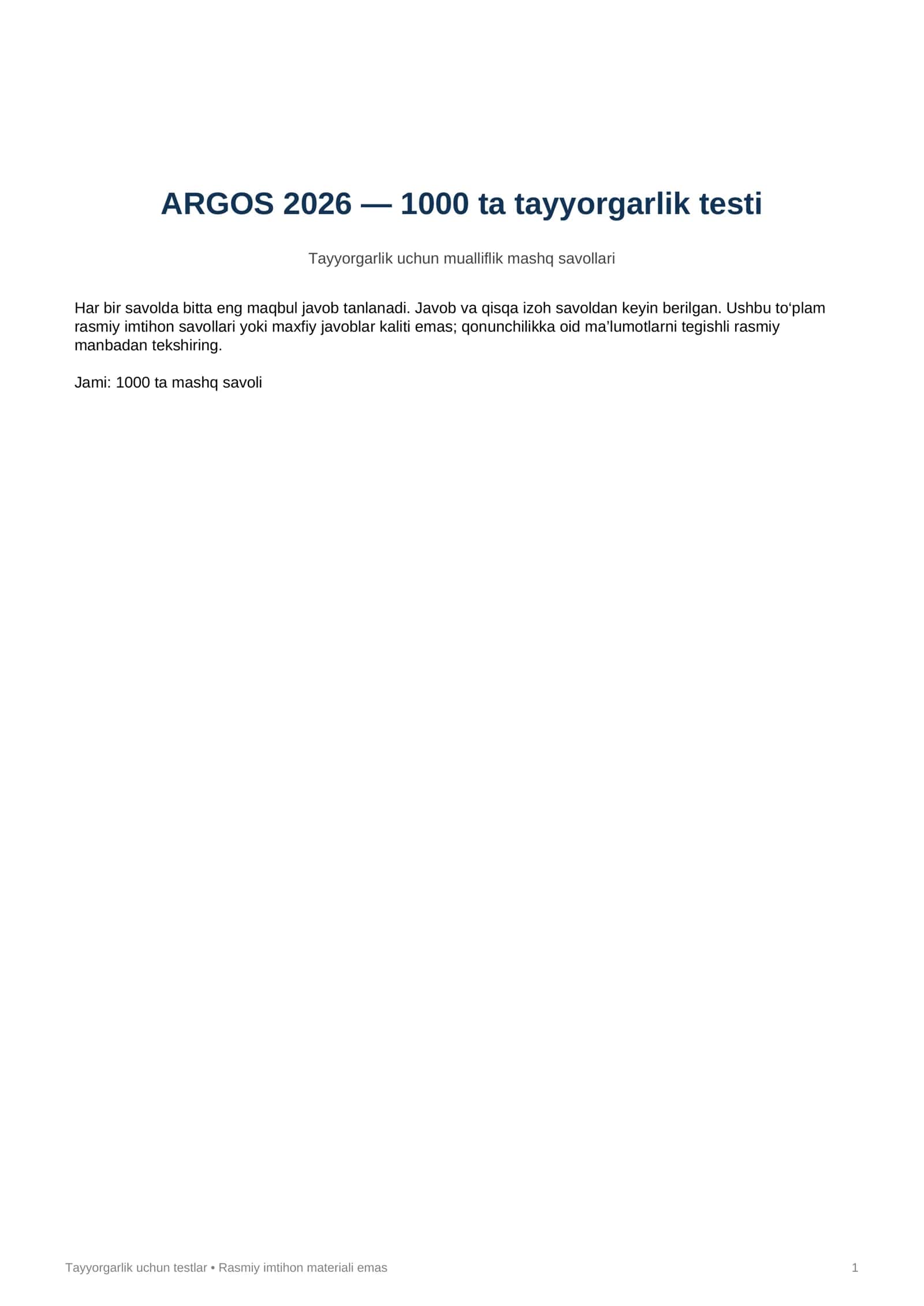 ARGOS 2026 — 1000 ta tayyorgarlik testi
