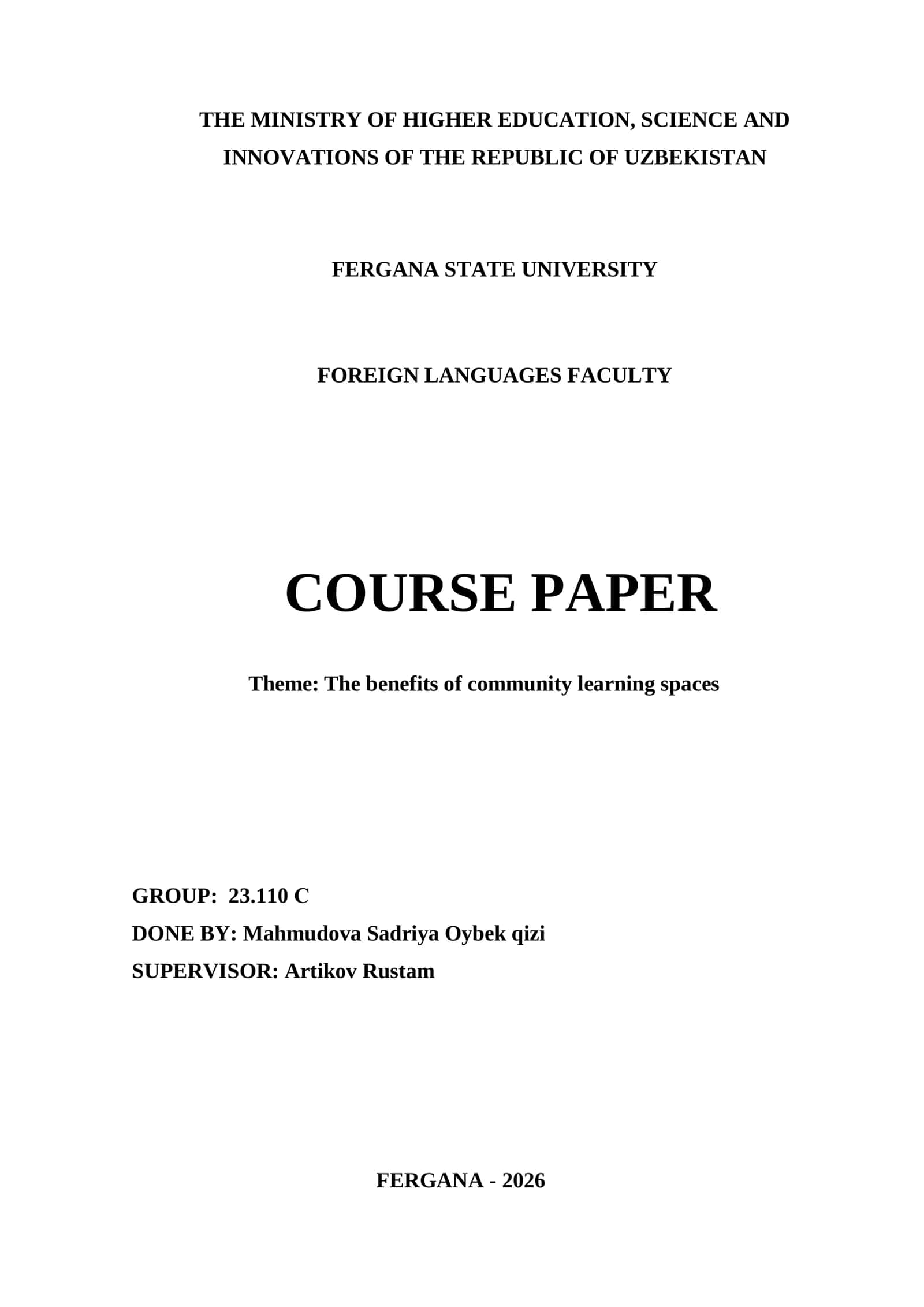 Course Paper on "The benefits of community learning spaces"