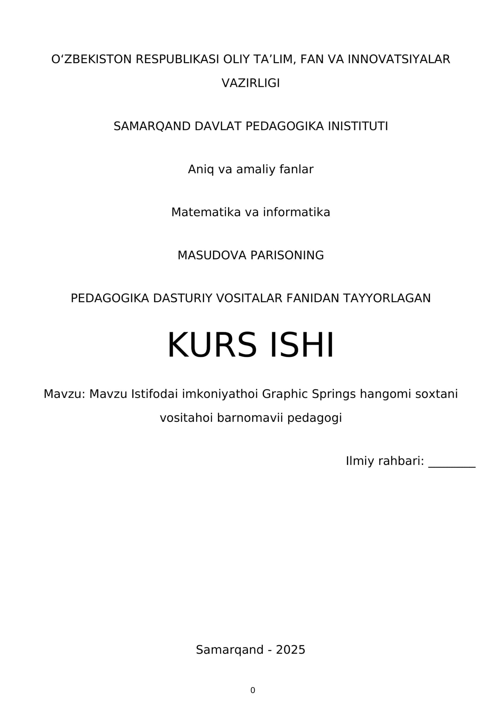 MASUDOVA PARISONING PEDAGOGIKA DASTURIY VOSITALAR FANIDAN TAYYORLAGAN KURS ISHI