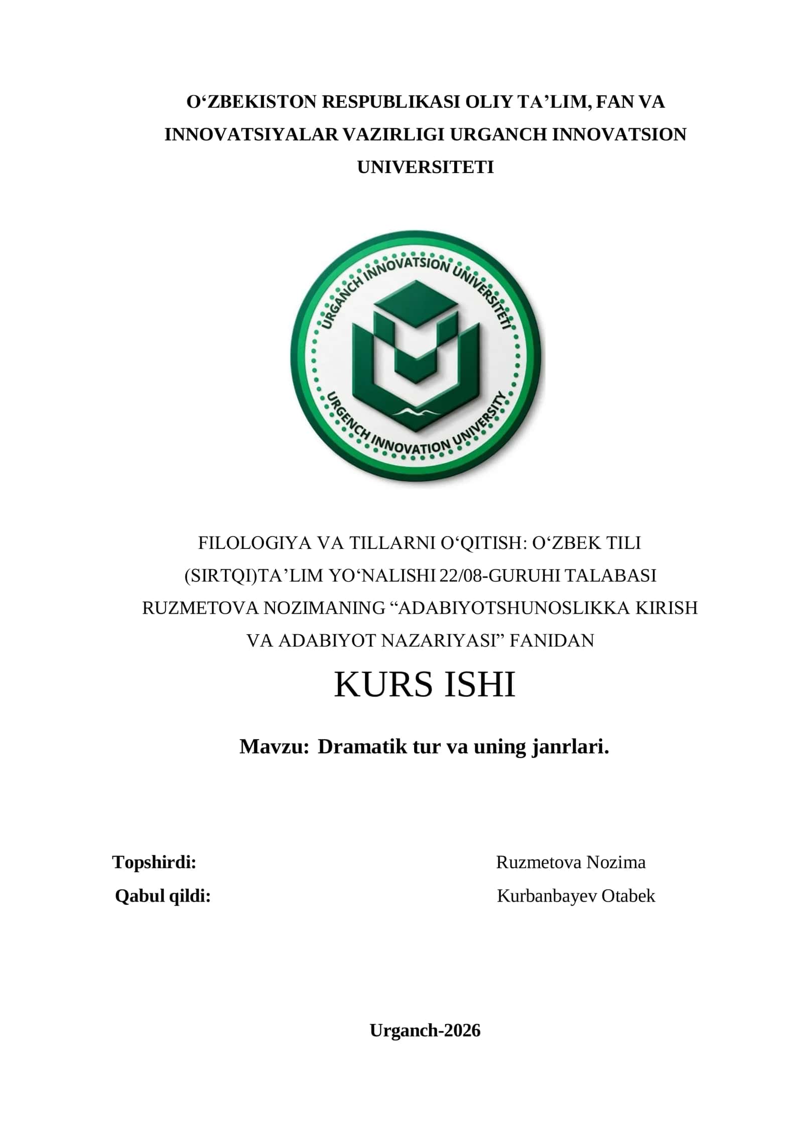 Adabiyotshunoslikka kirish va adabiyot nazariyasi