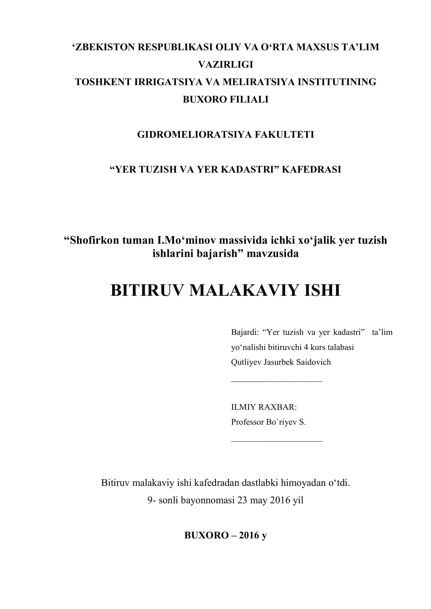 Shofirkon tuman I.Mo‘minov massivida ichki xo‘jalik yer tuzish ishlarini bajarish