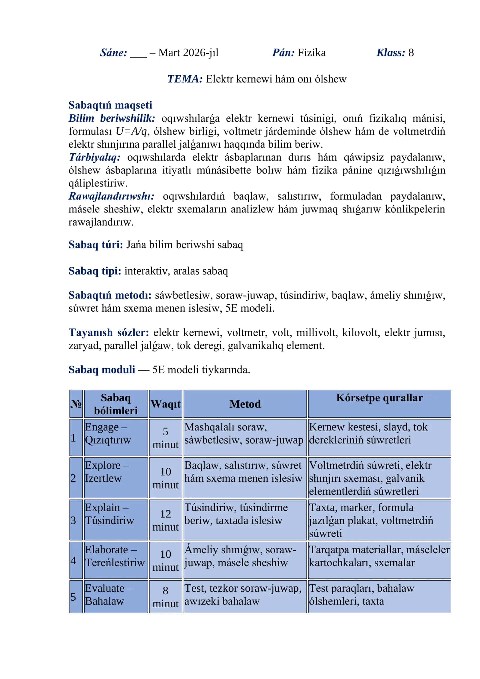 Elektr kernewi hám onı ólshew